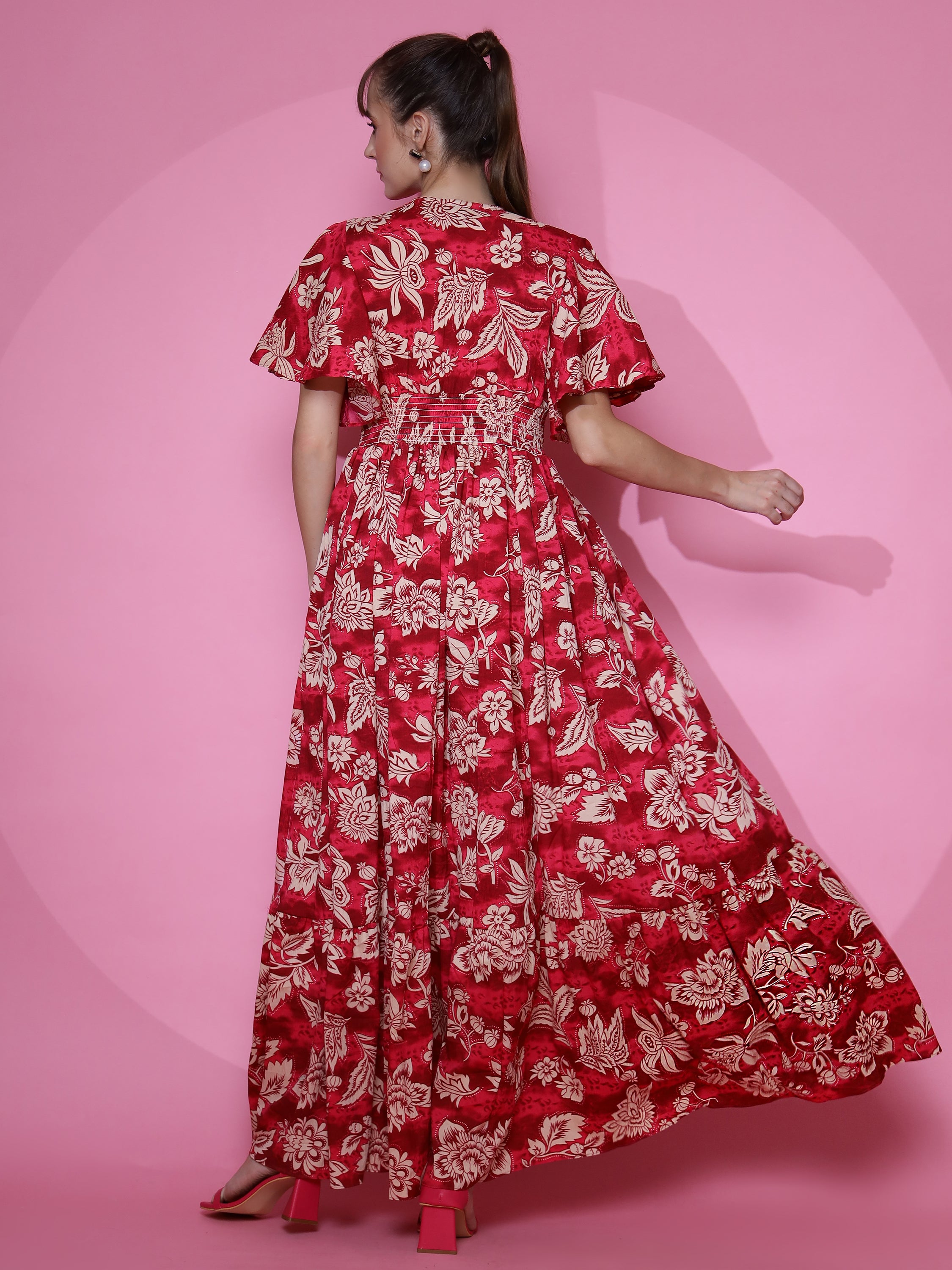 Women Red Half Sleeve Fit and Flare Midi Dress