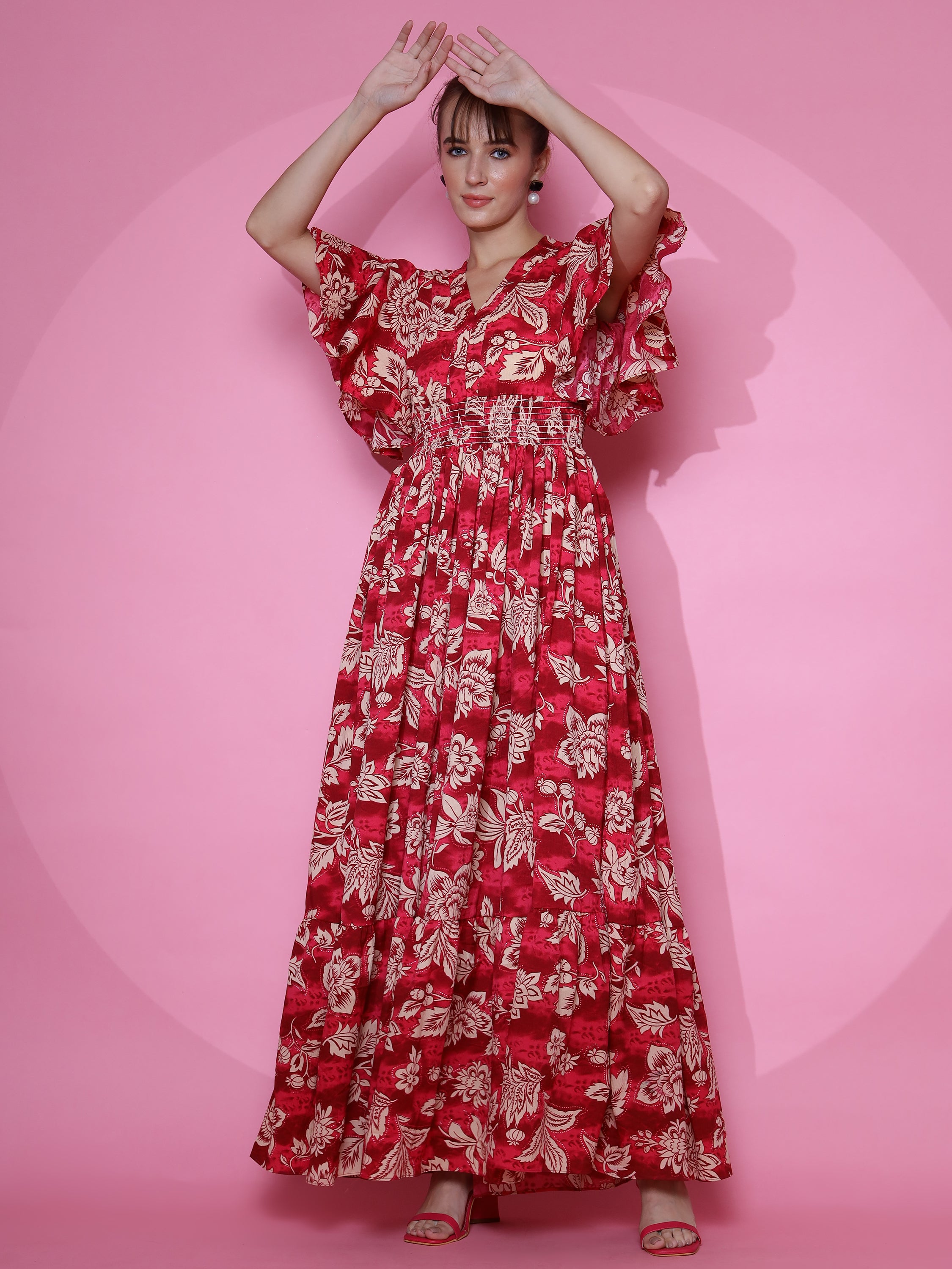 Women Red Half Sleeve Fit and Flare Midi Dress