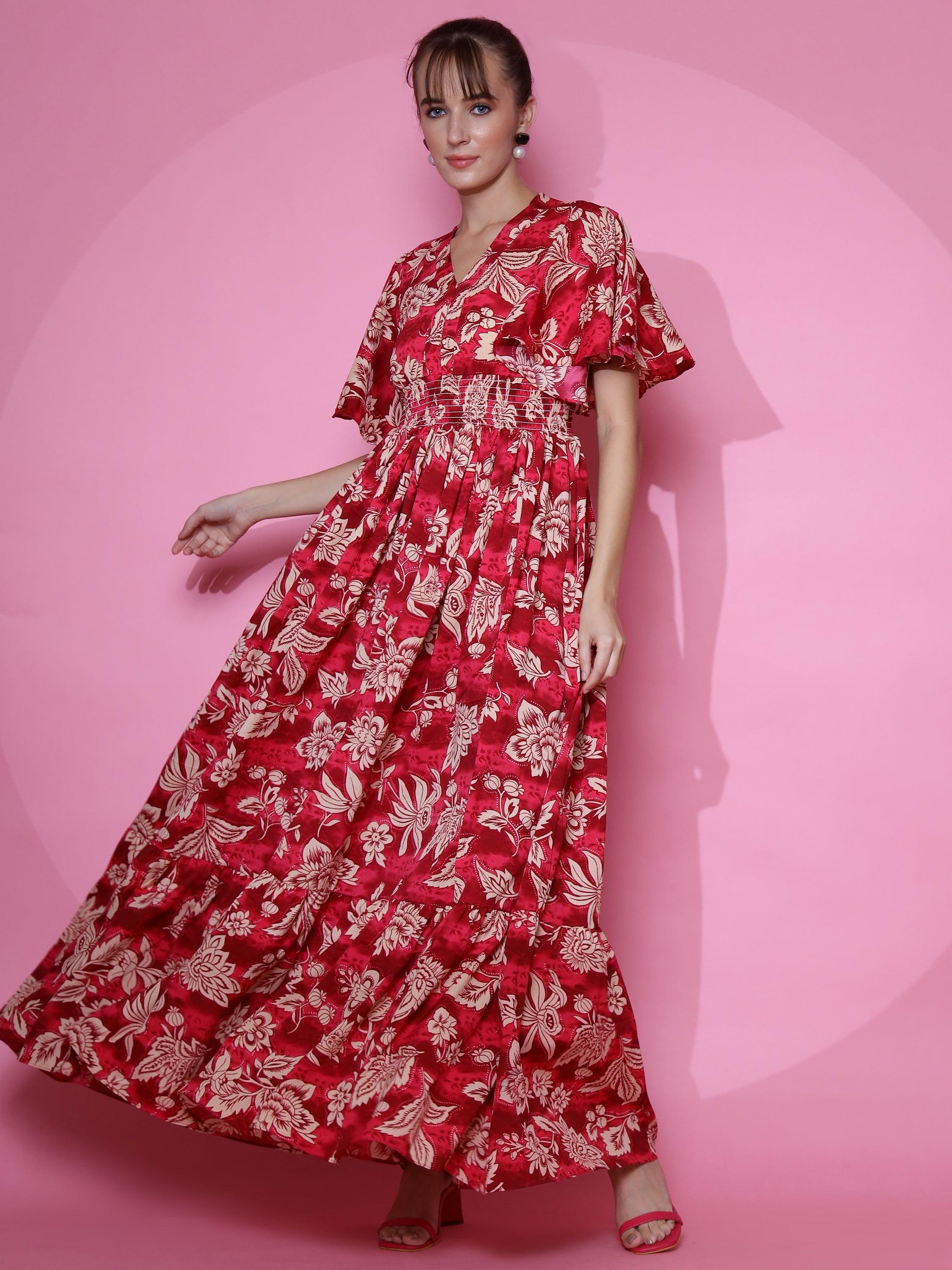 Women Red Half Sleeve Fit and Flare Midi Dress