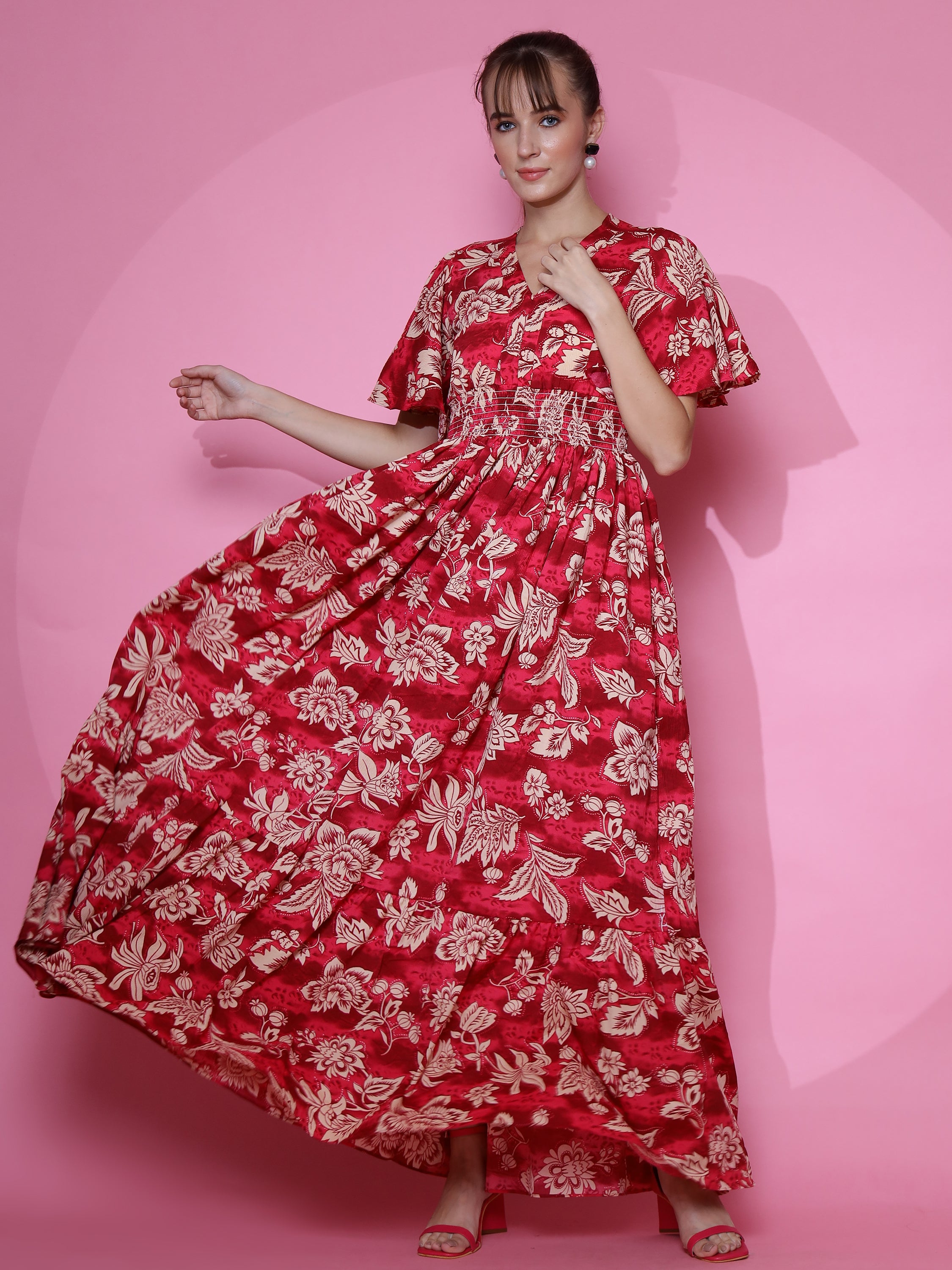 Women Red Half Sleeve Fit and Flare Midi Dress