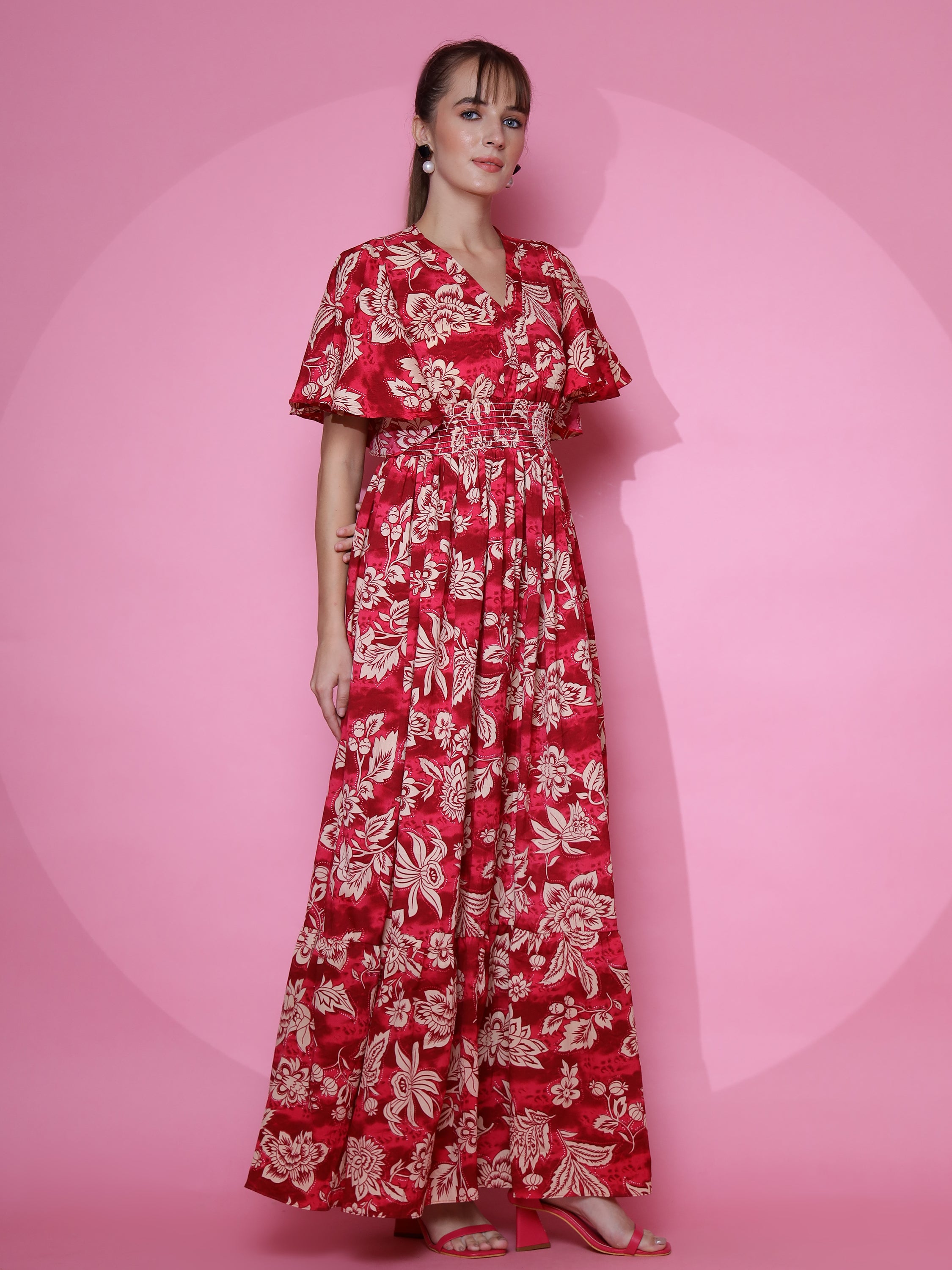 Women Red Half Sleeve Fit and Flare Midi Dress