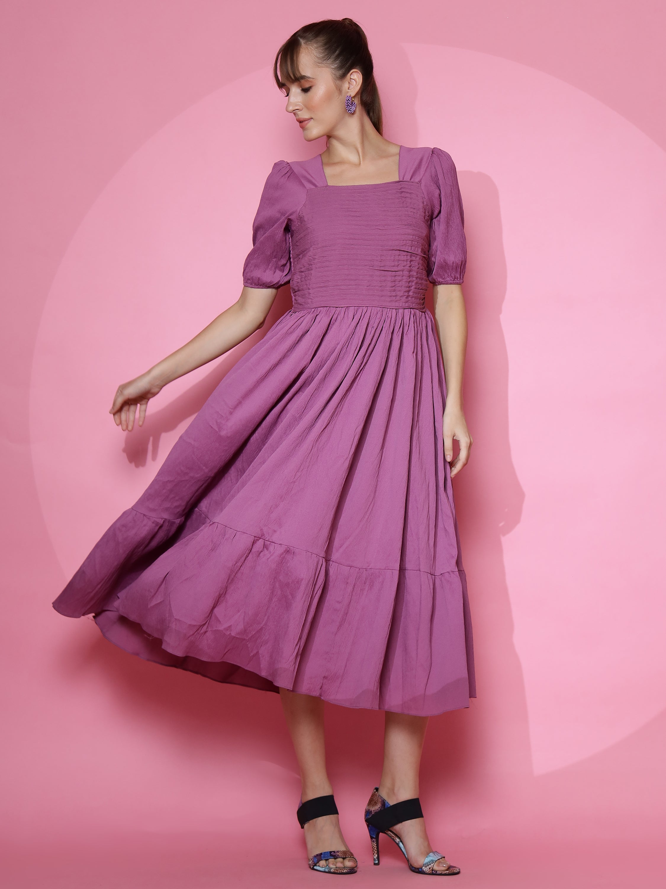 Women Trendy Purple Half Sleeve Fit and Flare Maxi Dress