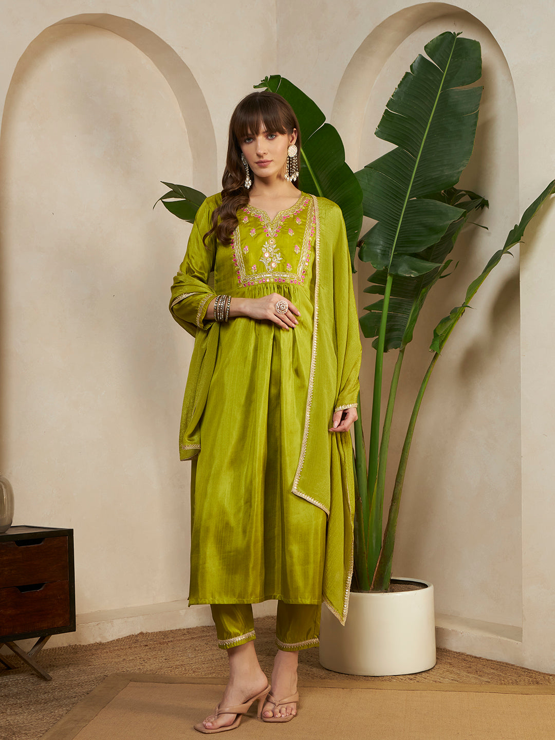 Women Green Festive Kurta with Embroidered Yoke & Pants with Dupatta Ethnic Set