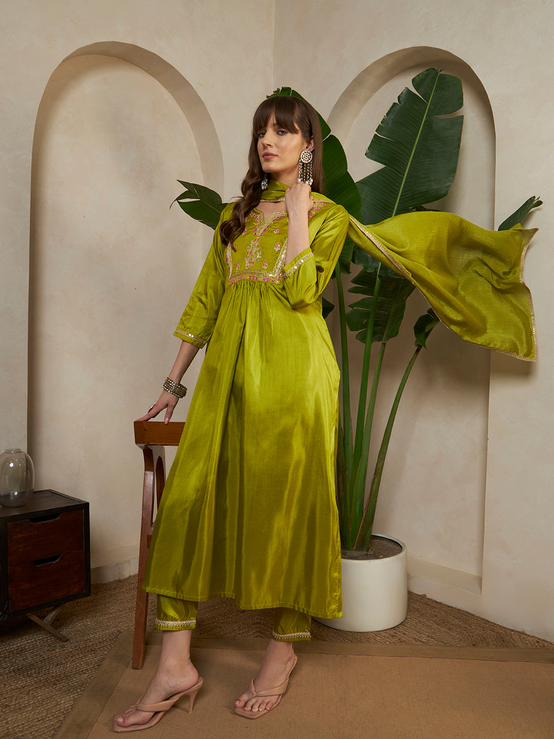 Women Green Festive Kurta with Embroidered Yoke & Pants with Dupatta Ethnic Set