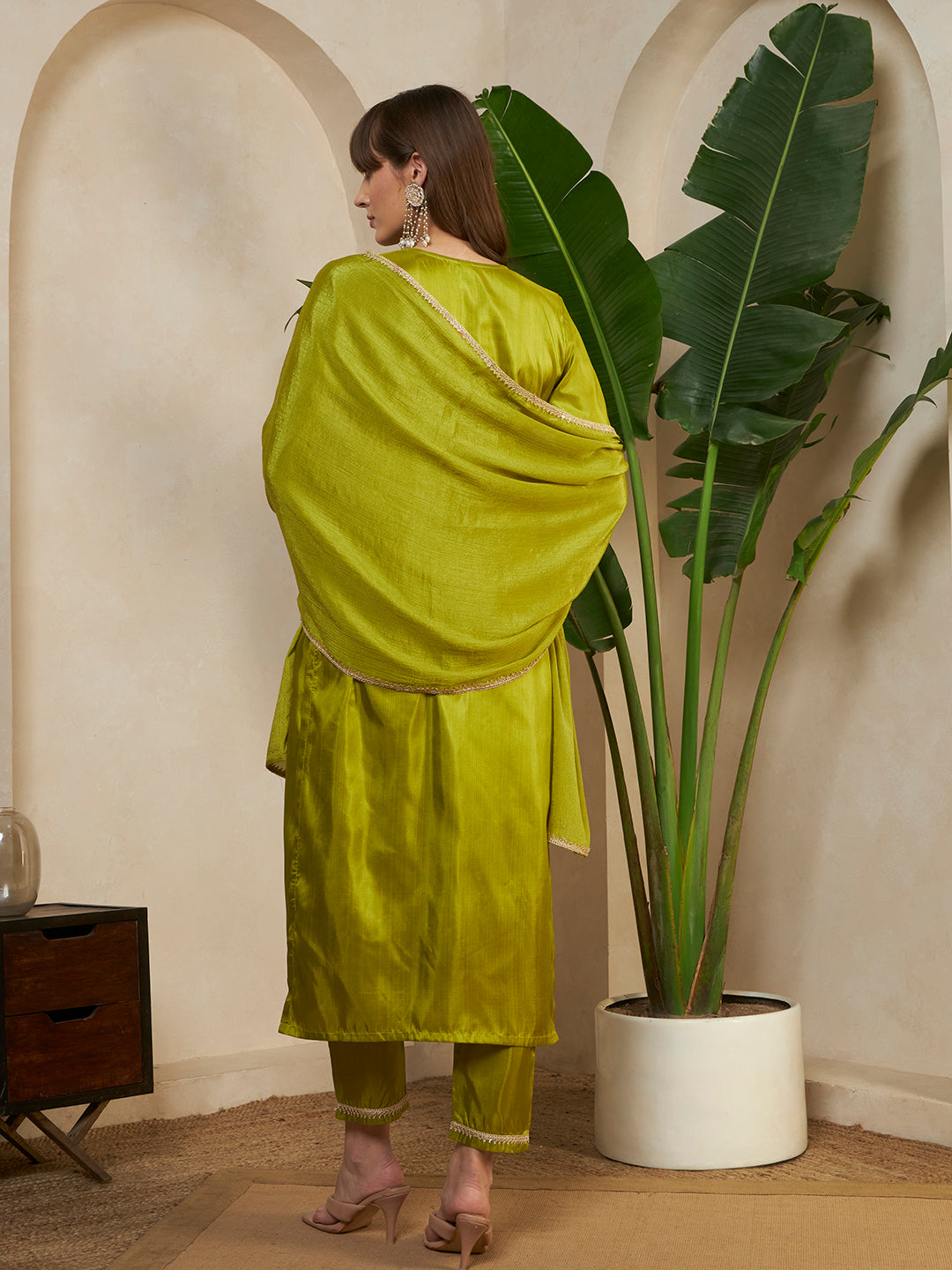 Women Green Festive Kurta with Embroidered Yoke & Pants with Dupatta Ethnic Set