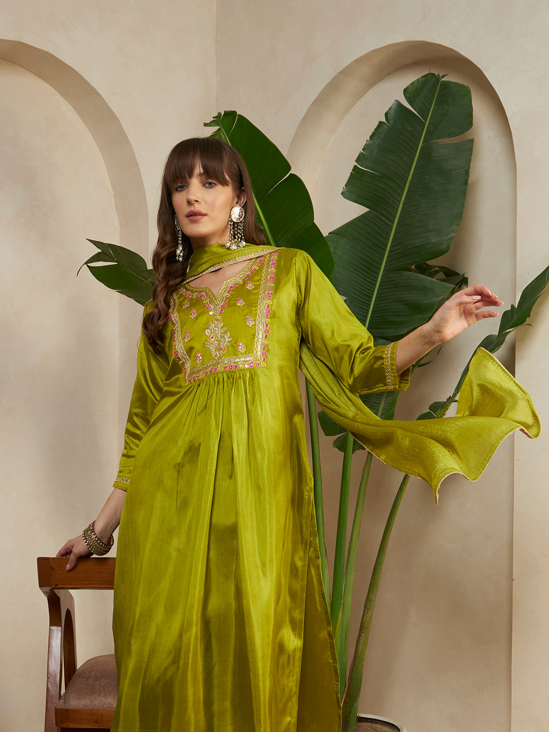 Women Green Festive Kurta with Embroidered Yoke & Pants with Dupatta Ethnic Set