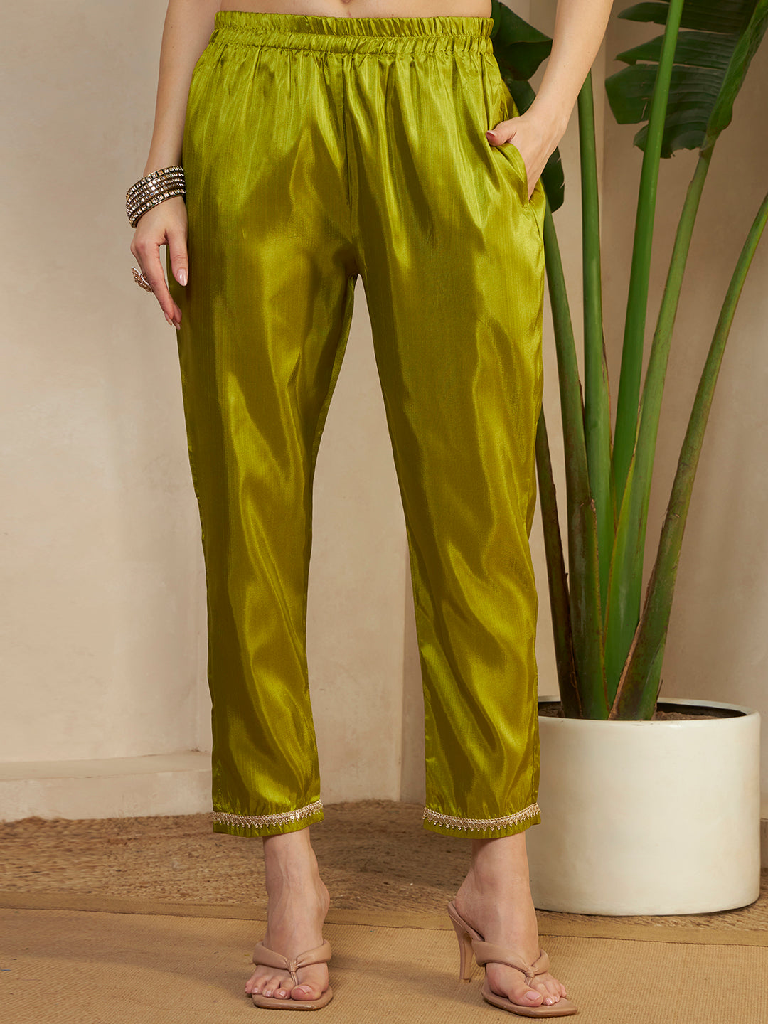 Women Green Festive Kurta with Embroidered Yoke & Pants with Dupatta Ethnic Set