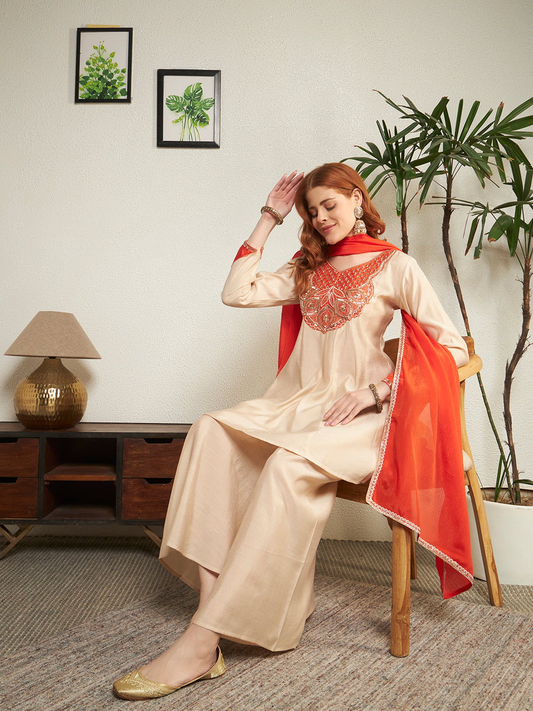 Women Cream And Orange Embroidered Kurta with Palazzo And Dupatta Set