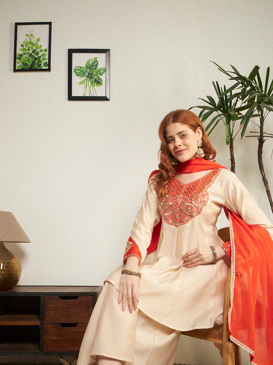 Women Cream And Orange Embroidered Kurta with Palazzo And Dupatta Set
