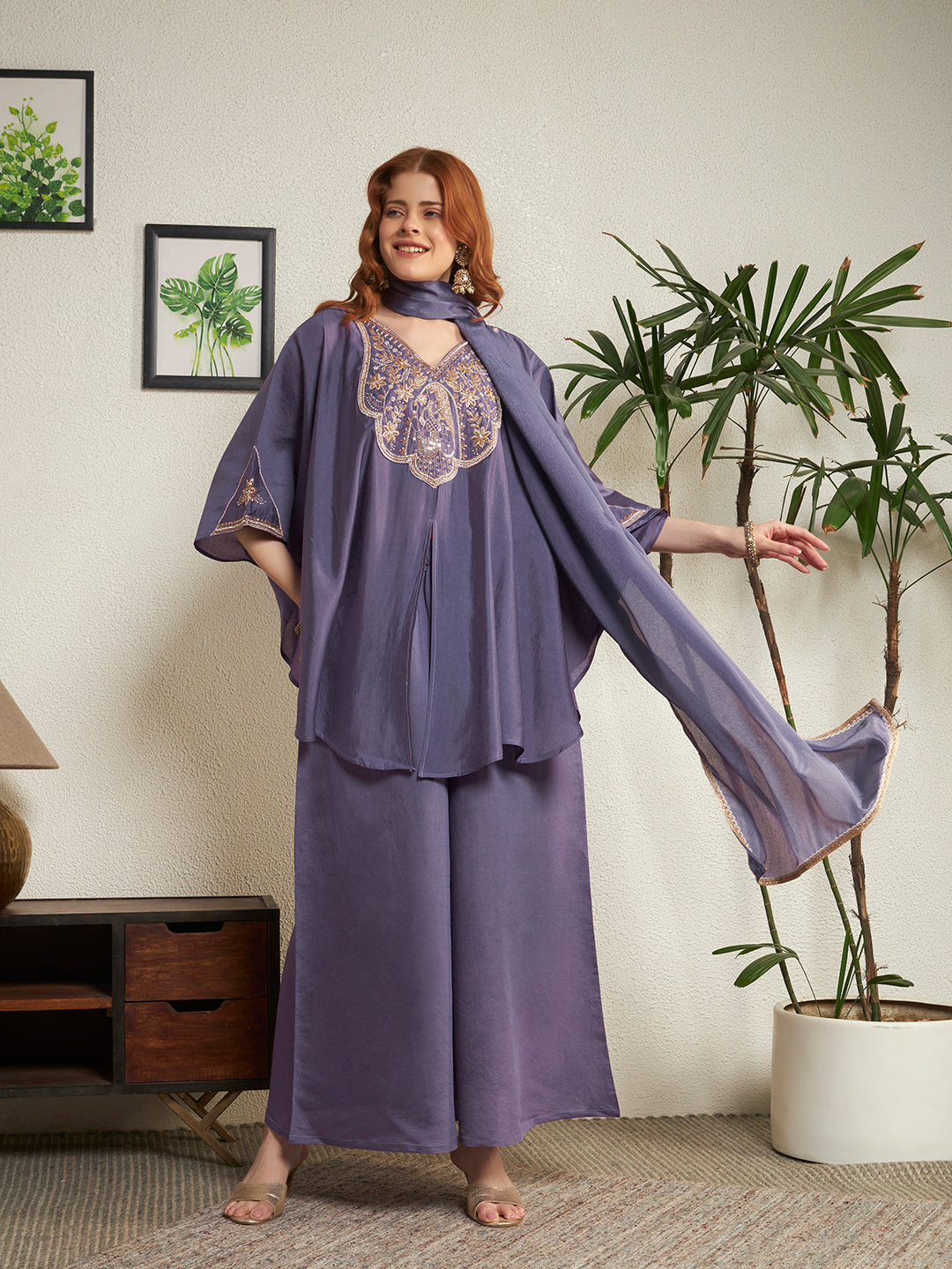 Women Lavender Emblished Kaftan Top with Palazzo & Dupatta Set