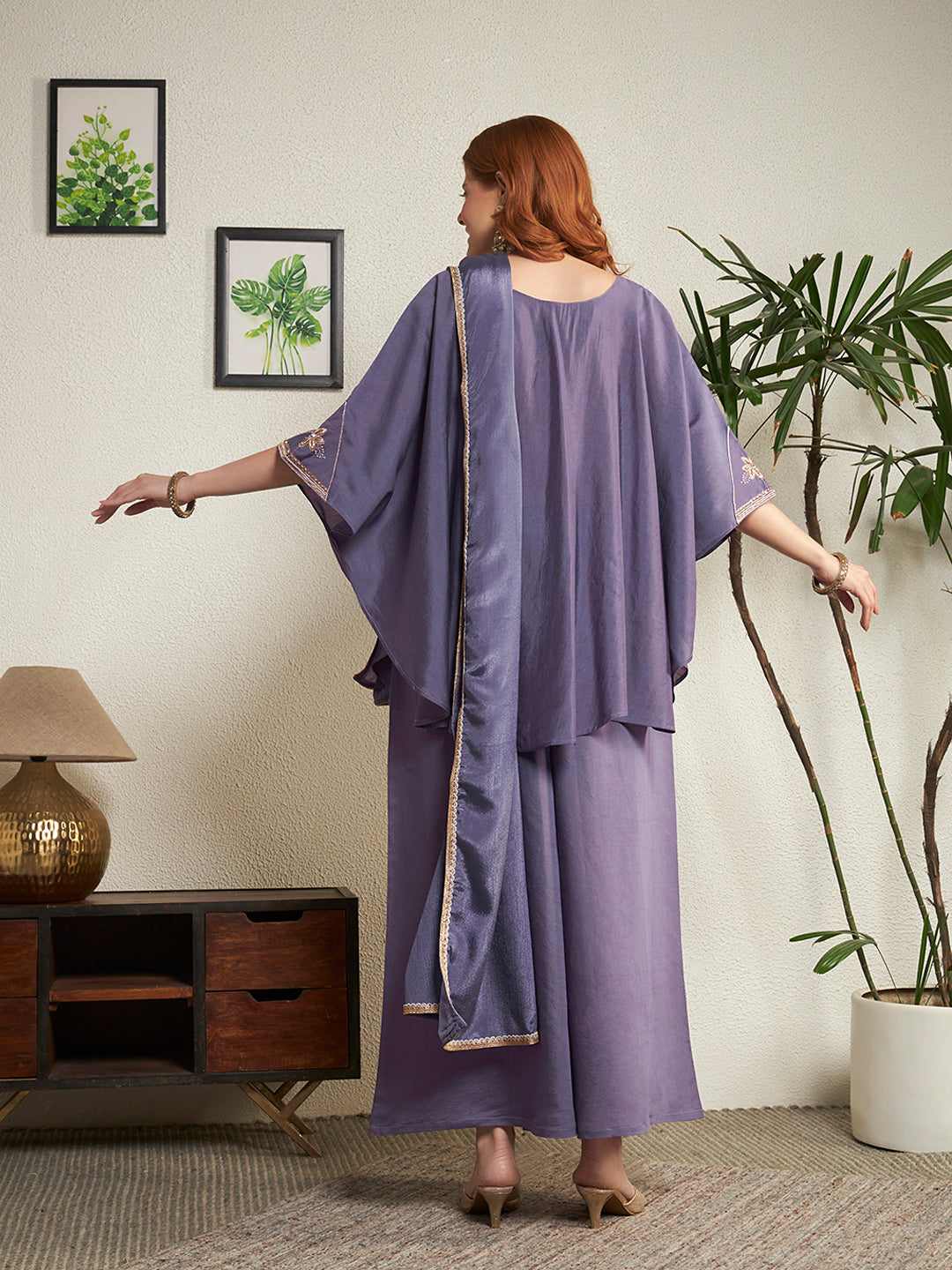 Women Lavender Emblished Kaftan Top with Palazzo & Dupatta Set