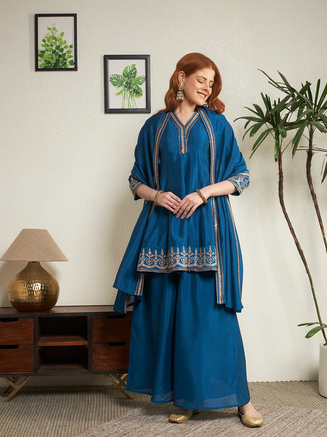 Women Teal Blue Embroidered Kaftan Kurta with Palazzo & Dupatta Set