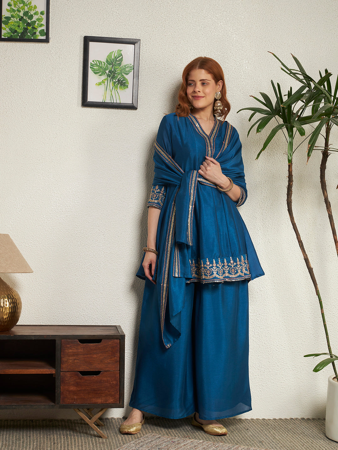 Women Teal Blue Embroidered Kaftan Kurta with Palazzo & Dupatta Set