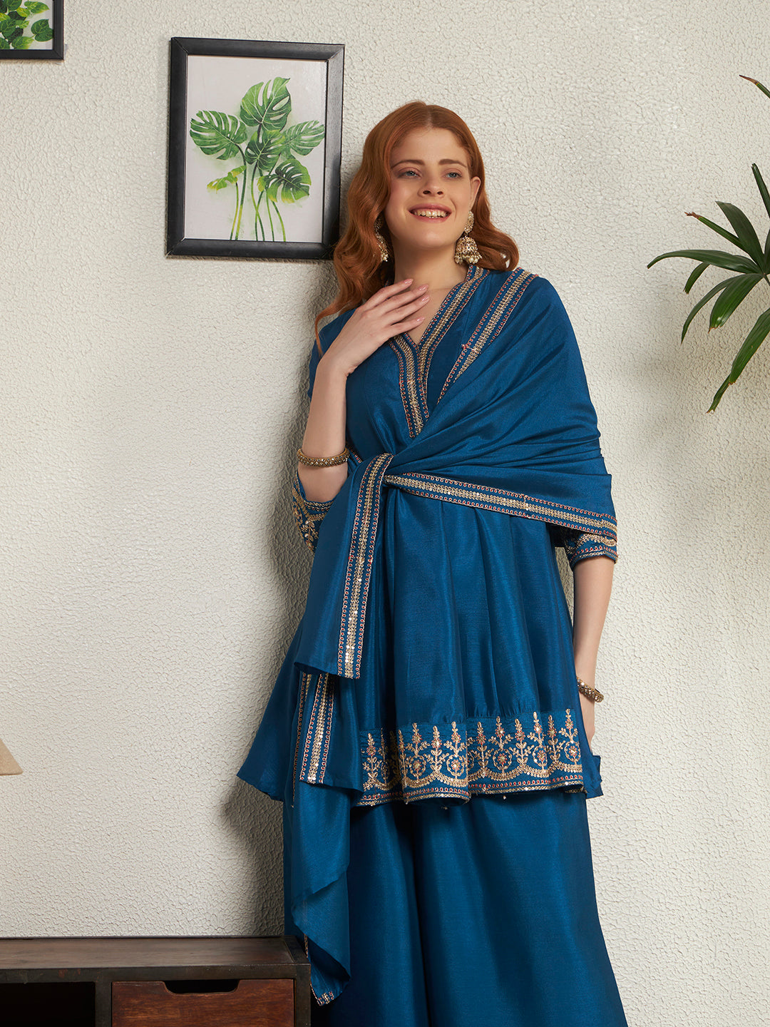 Women Teal Blue Embroidered Kaftan Kurta with Palazzo & Dupatta Set