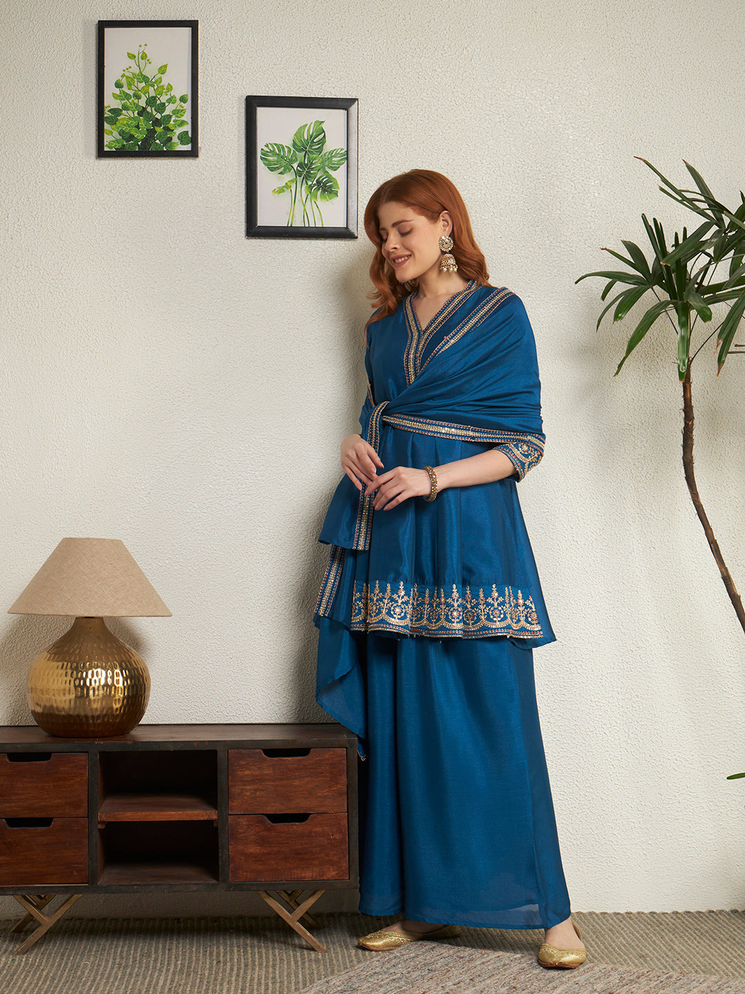Women Teal Blue Embroidered Kaftan Kurta with Palazzo & Dupatta Set