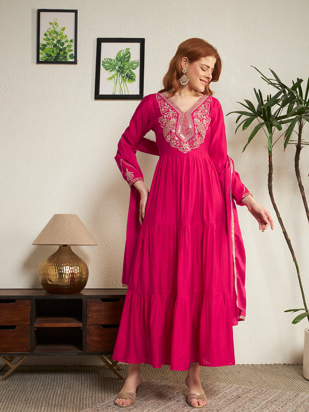 Women Pink Embroidered Anarkali Gown with Dupatta Set