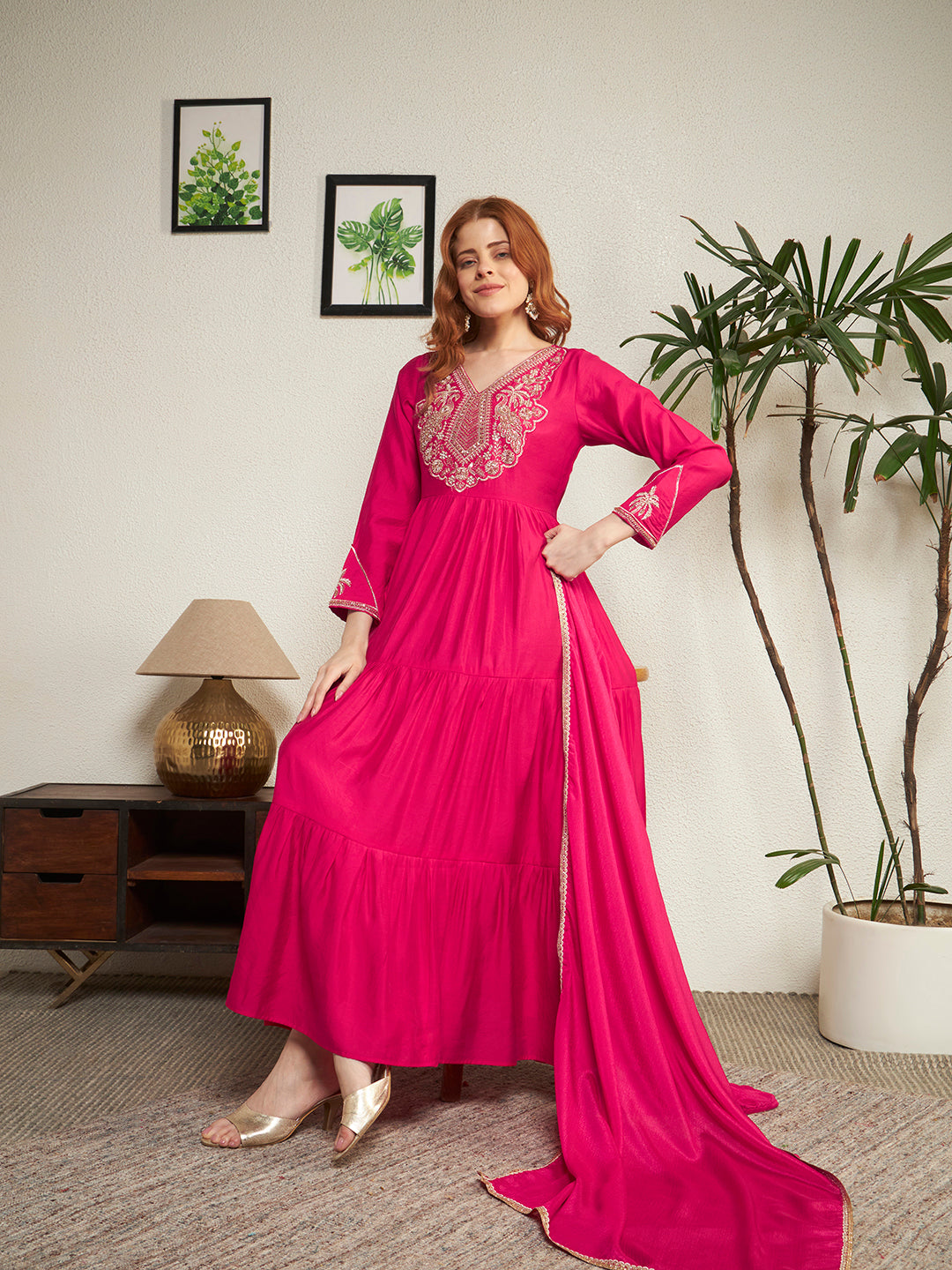 Women Pink Embroidered Anarkali Gown with Dupatta Set