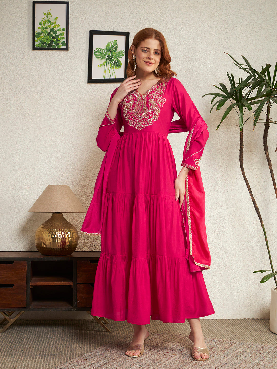 Women Pink Embroidered Anarkali Gown with Dupatta Set