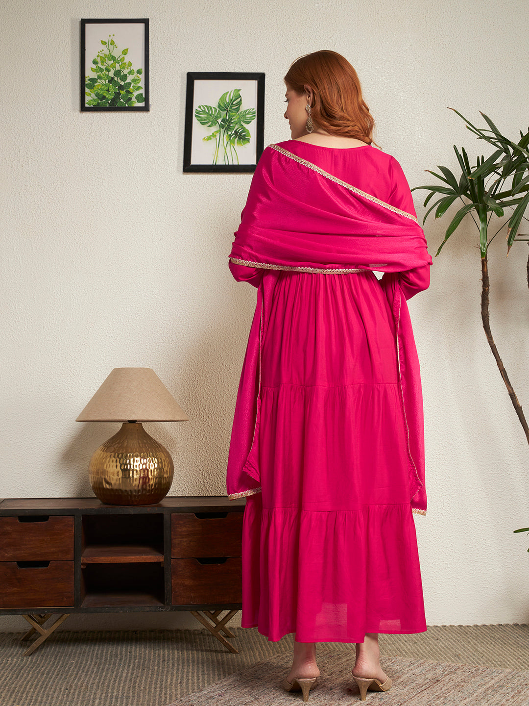 Women Pink Embroidered Anarkali Gown with Dupatta Set