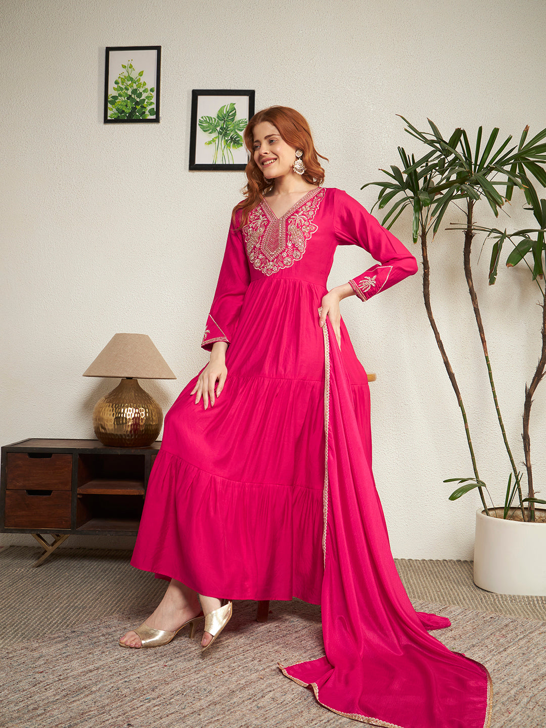 Women Pink Embroidered Anarkali Gown with Dupatta Set