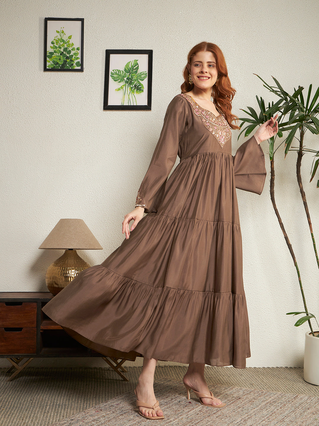 Women Brown Embroidered Anarkali Gown with Dupatta Set