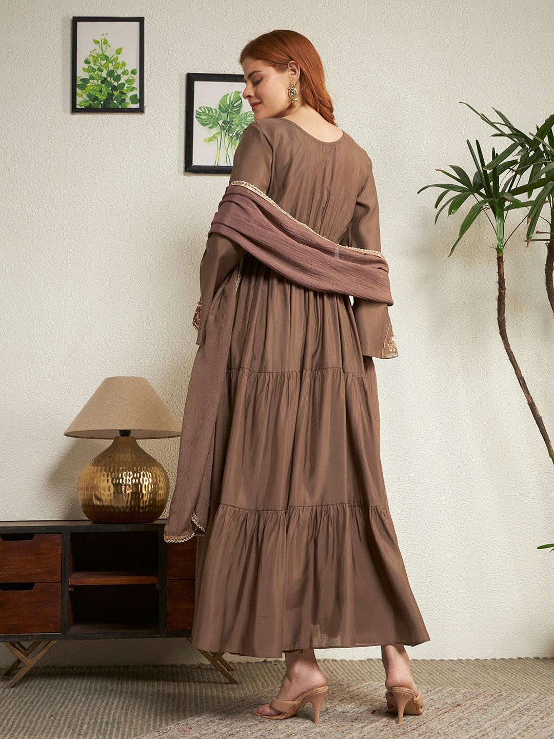 Women Brown Embroidered Anarkali Gown with Dupatta Set