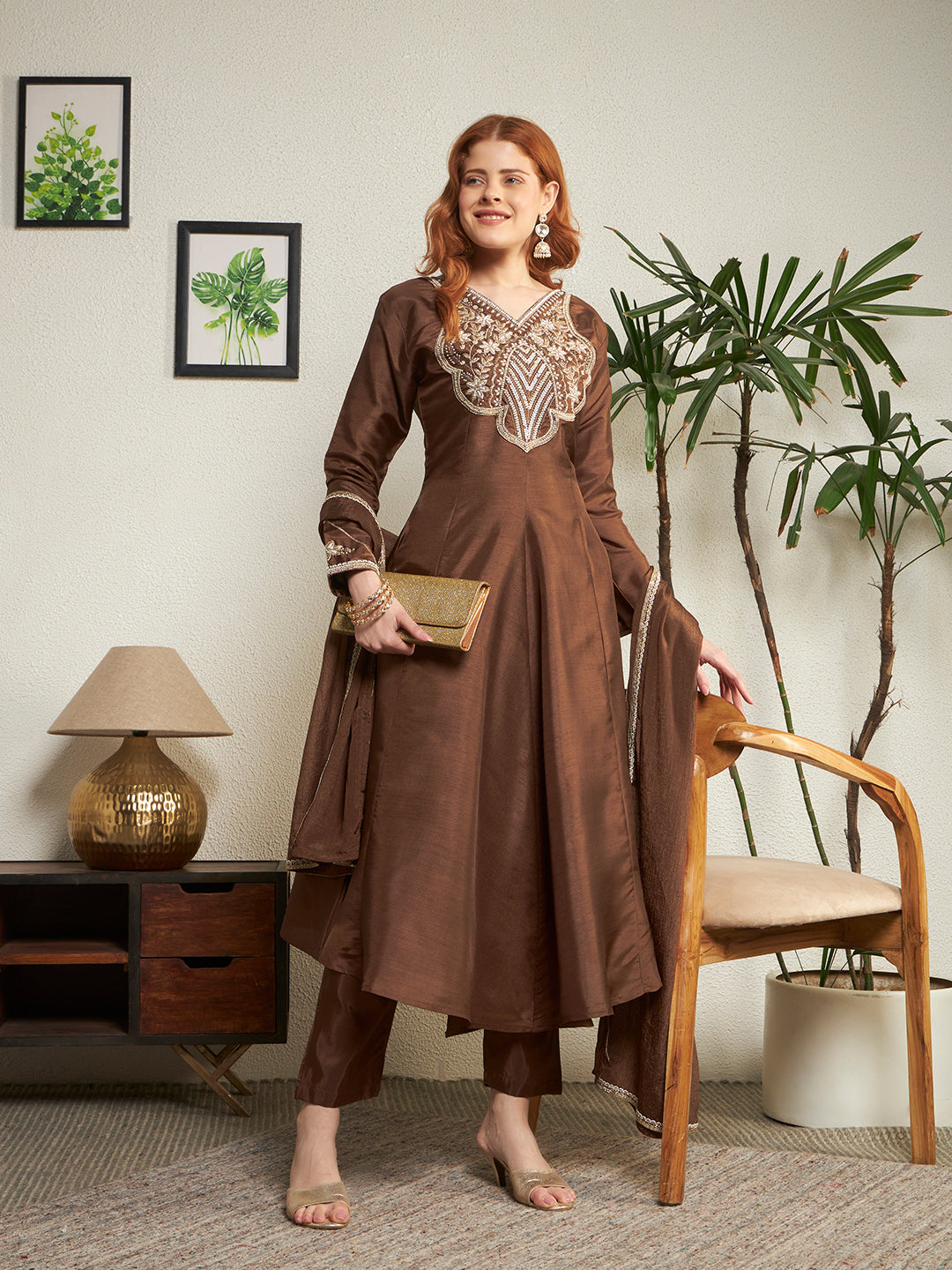 Women Brown Embroidered Anarkali Kurta Pant Dupatta Set