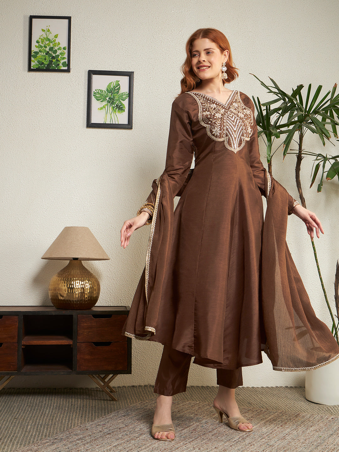 Women Brown Embroidered Anarkali Kurta Pant Dupatta Set