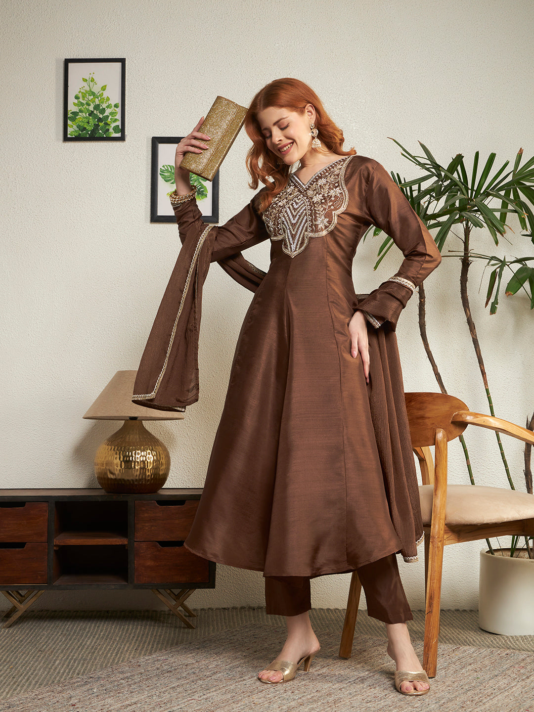Women Brown Embroidered Anarkali Kurta Pant Dupatta Set