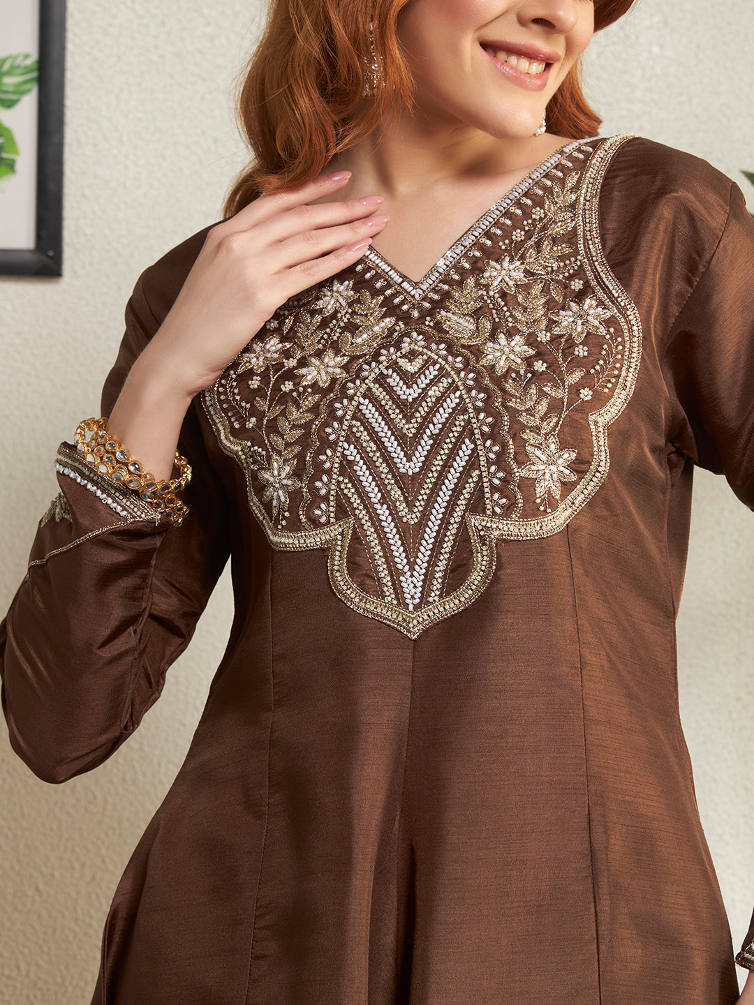 Women Brown Embroidered Anarkali Kurta Pant Dupatta Set