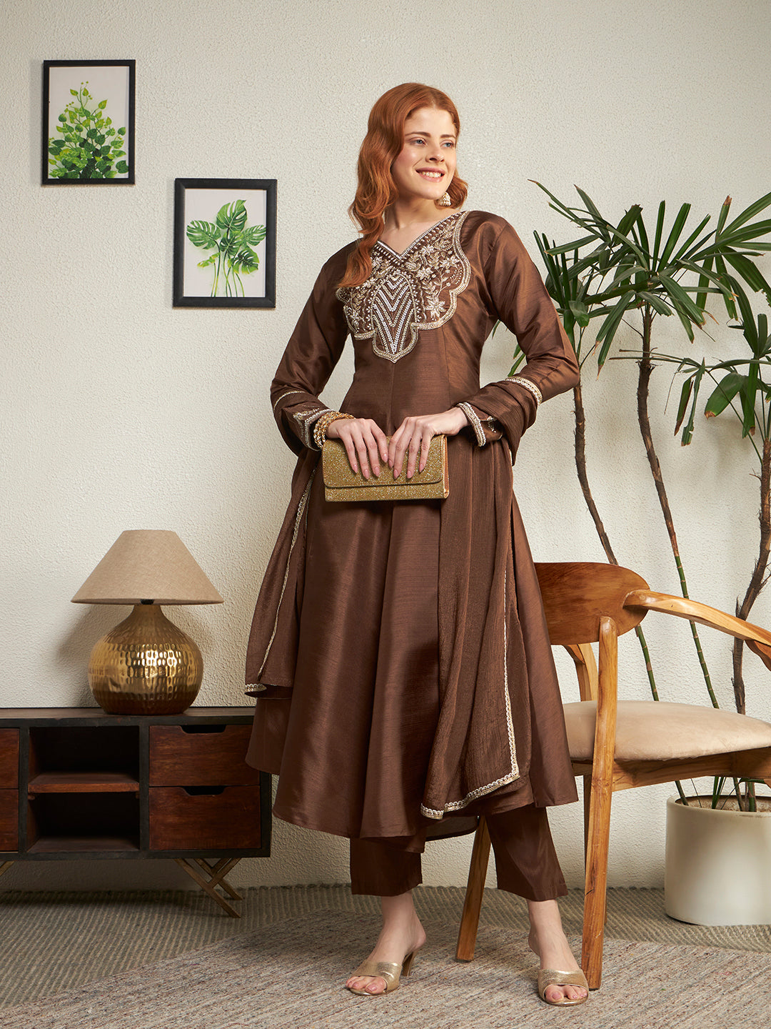 Women Brown Embroidered Anarkali Kurta Pant Dupatta Set