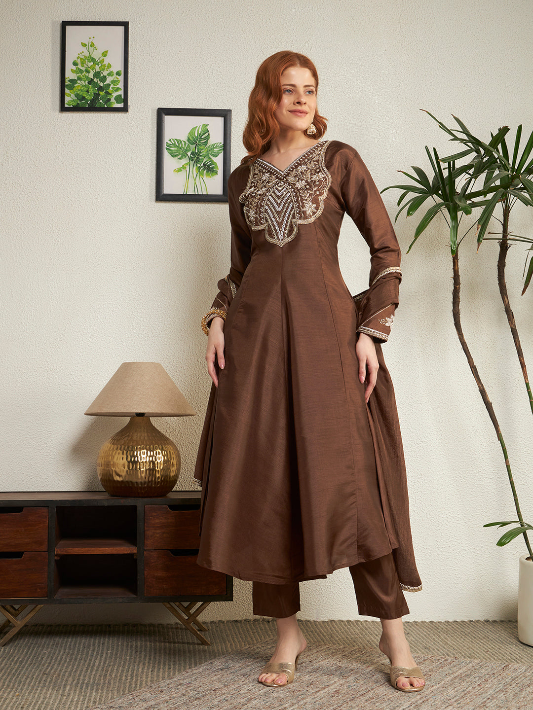 Women Brown Embroidered Anarkali Kurta Pant Dupatta Set