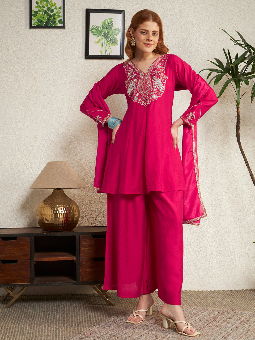 Women Pink Yoke Embroidered Work Top Palazzo Dupatta Set