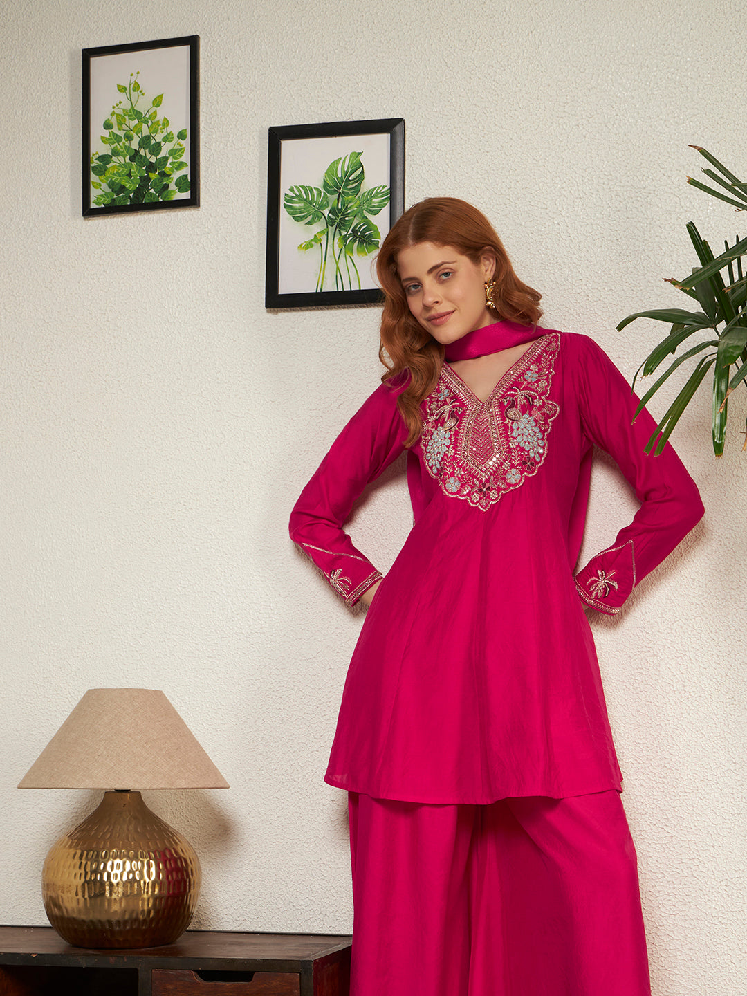 Women Pink Yoke Embroidered Work Top Palazzo Dupatta Set