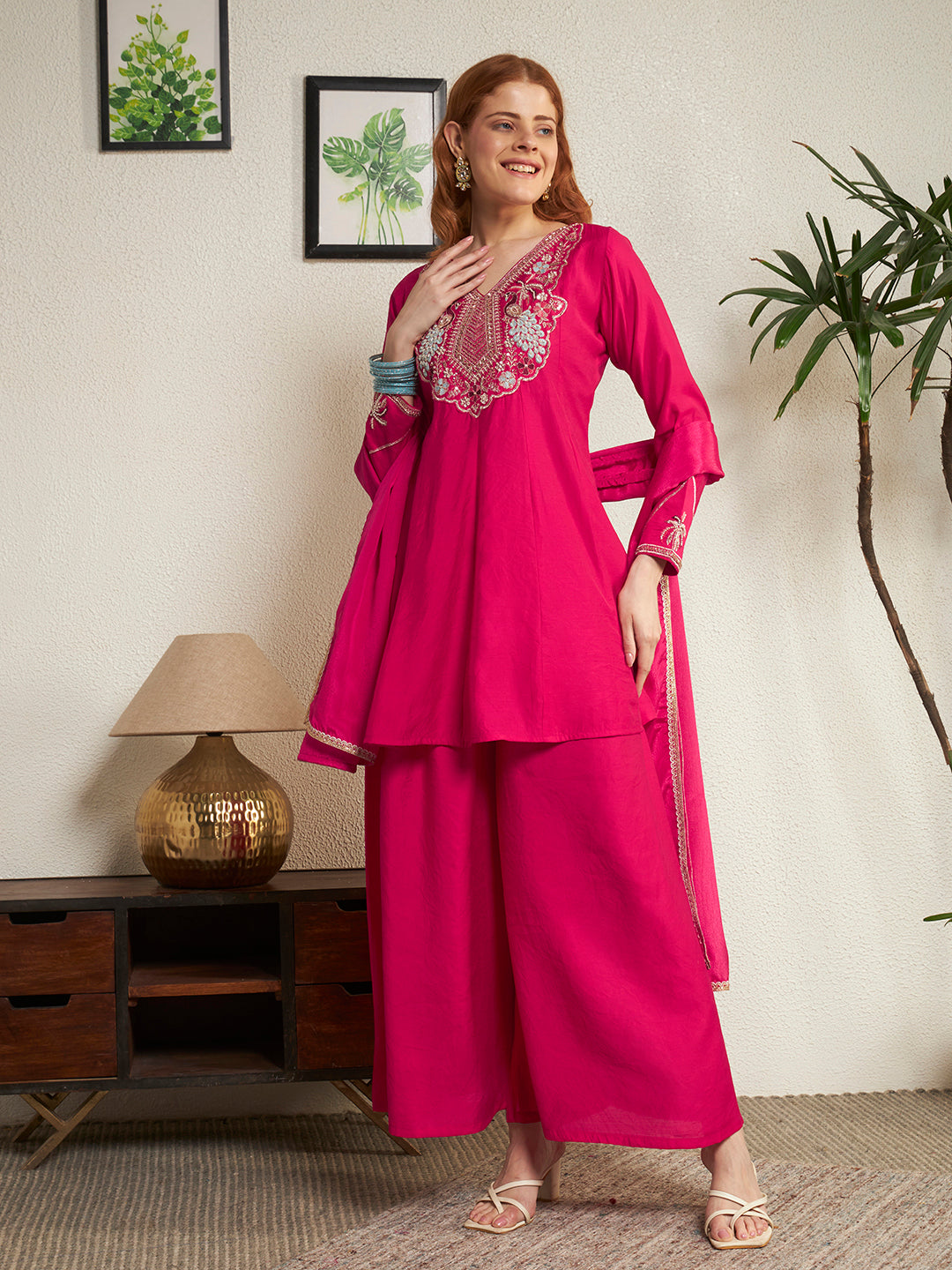 Women Pink Yoke Embroidered Work Top Palazzo Dupatta Set