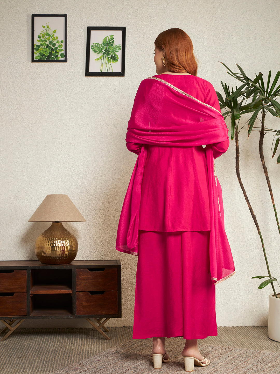 Women Pink Yoke Embroidered Work Top Palazzo Dupatta Set