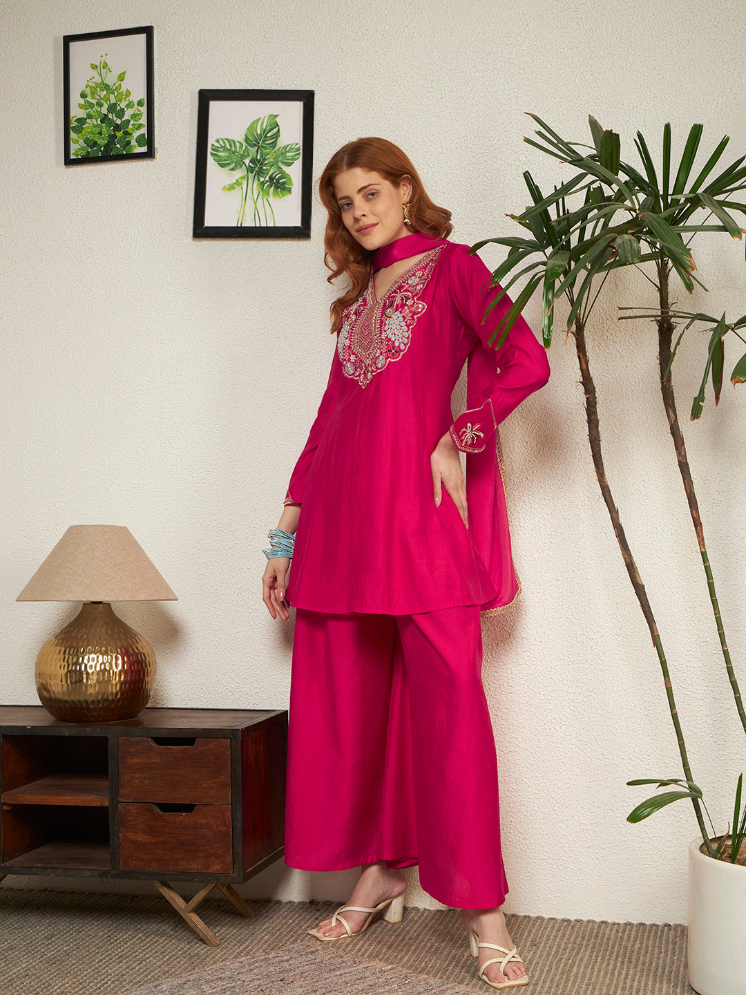 Women Pink Yoke Embroidered Work Top Palazzo Dupatta Set