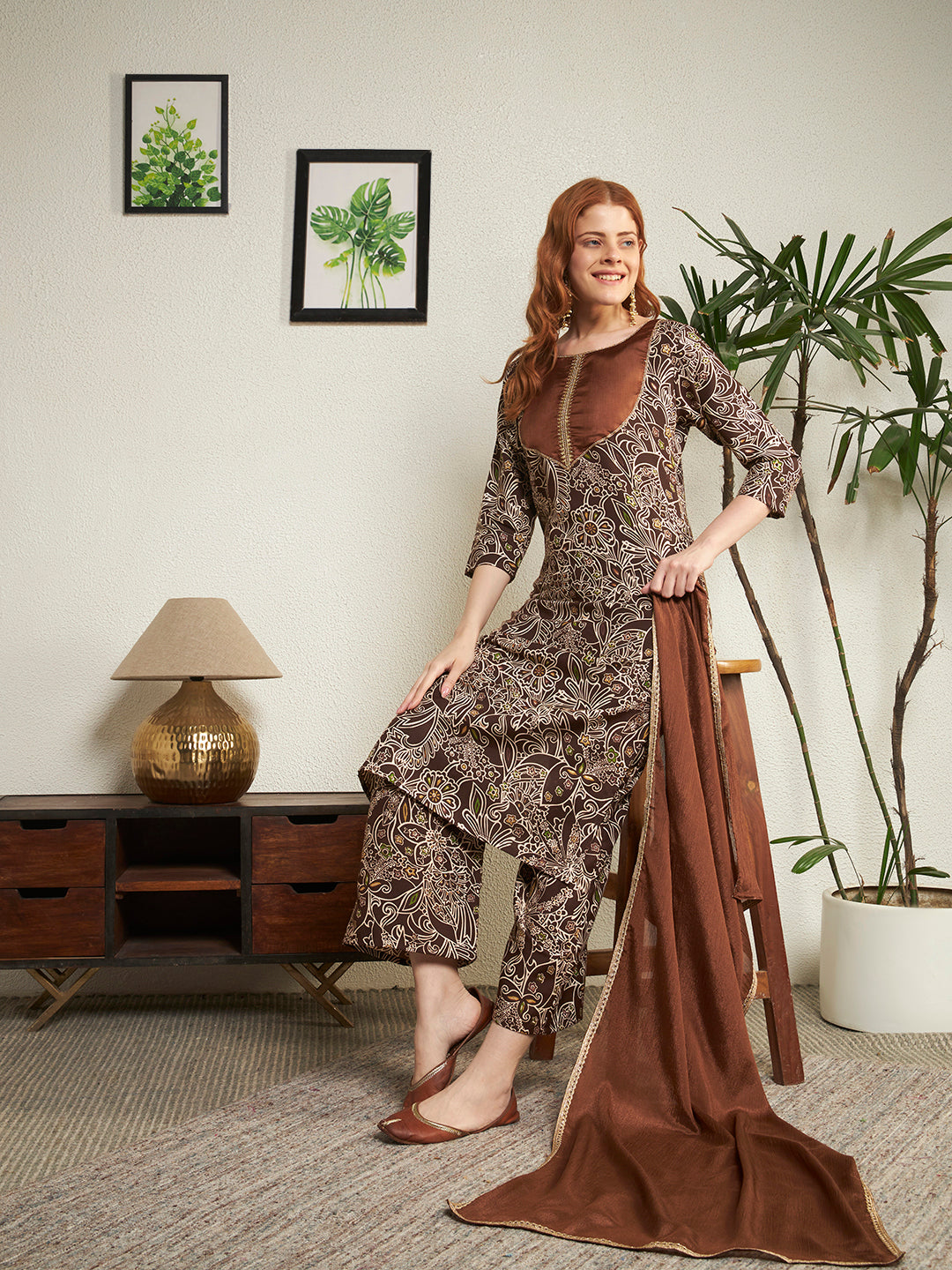 Women's Brown Floral Printed Round Neck Yoke Printed Kurta Palazzo with Dupatta Set