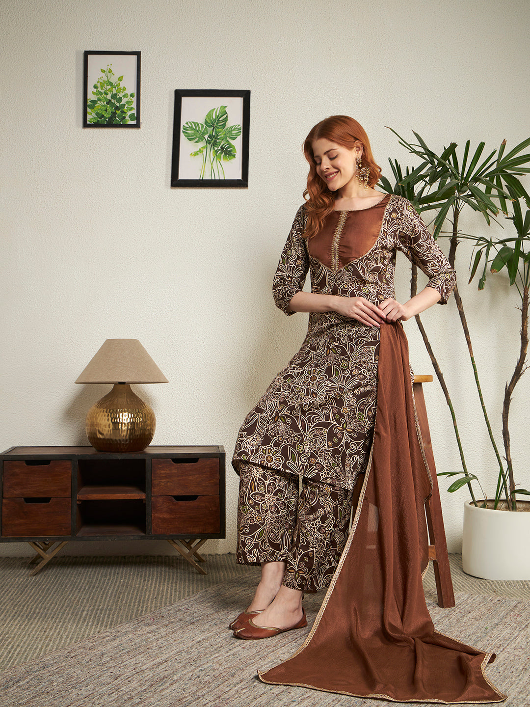 Women's Brown Floral Printed Round Neck Yoke Printed Kurta Palazzo with Dupatta Set