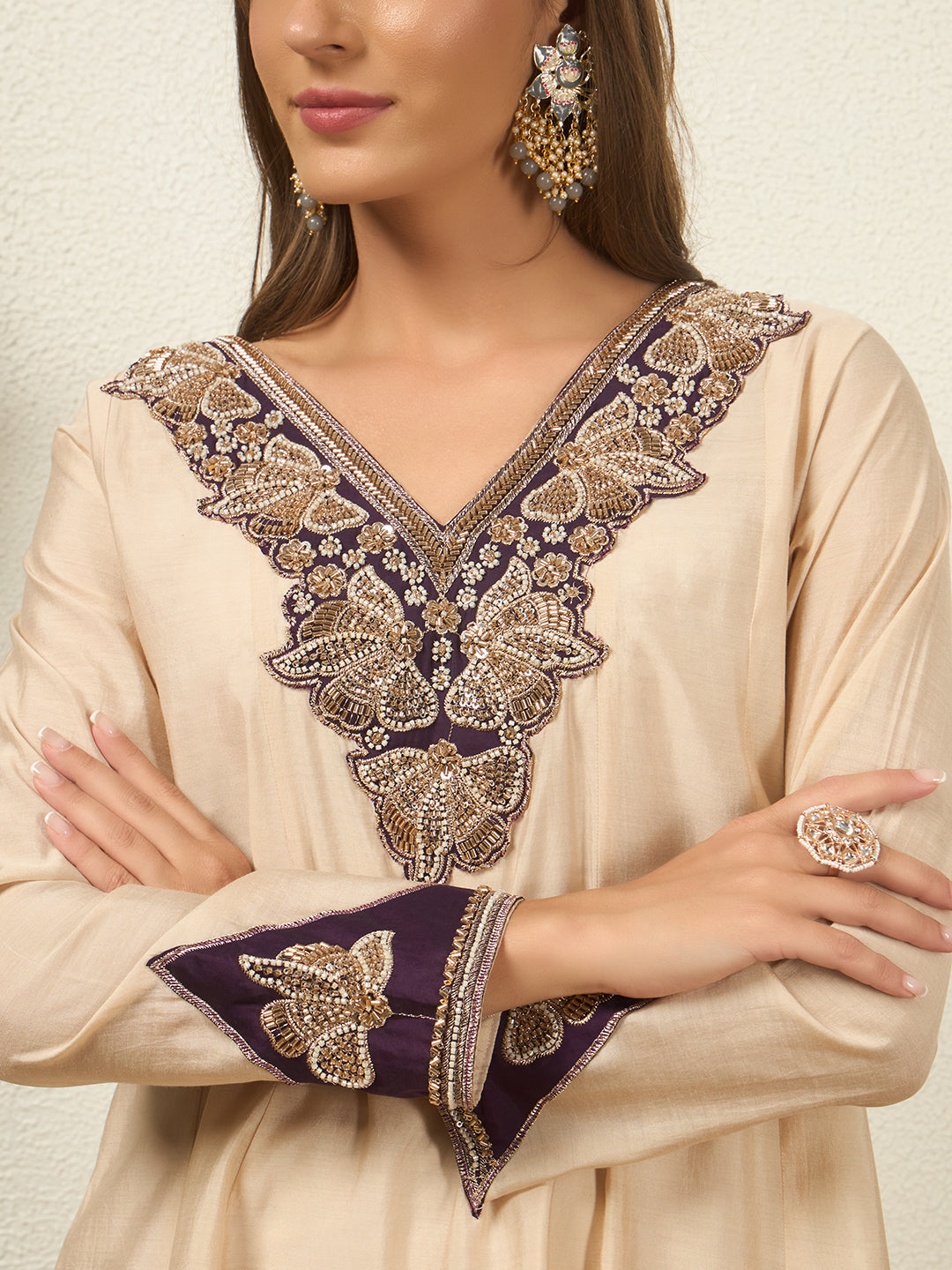 Women Cream And Purple Embroidered Top Palazzo Dupatta Set