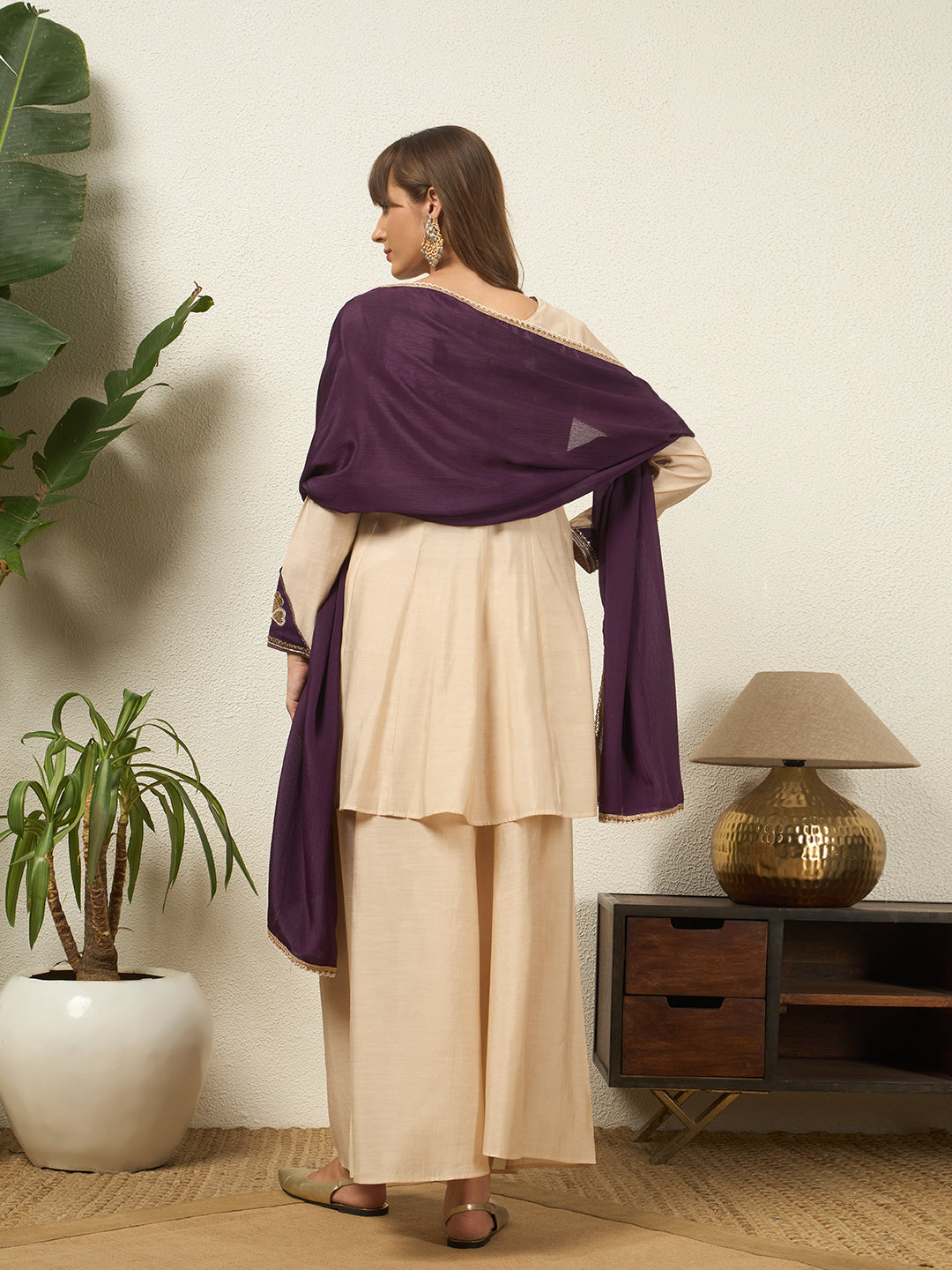 Women Cream And Purple Embroidered Top Palazzo Dupatta Set