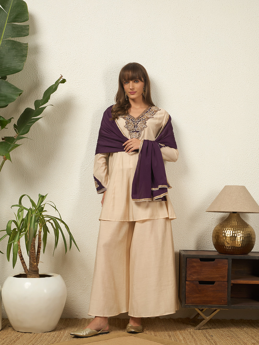 Women Cream And Purple Embroidered Top Palazzo Dupatta Set