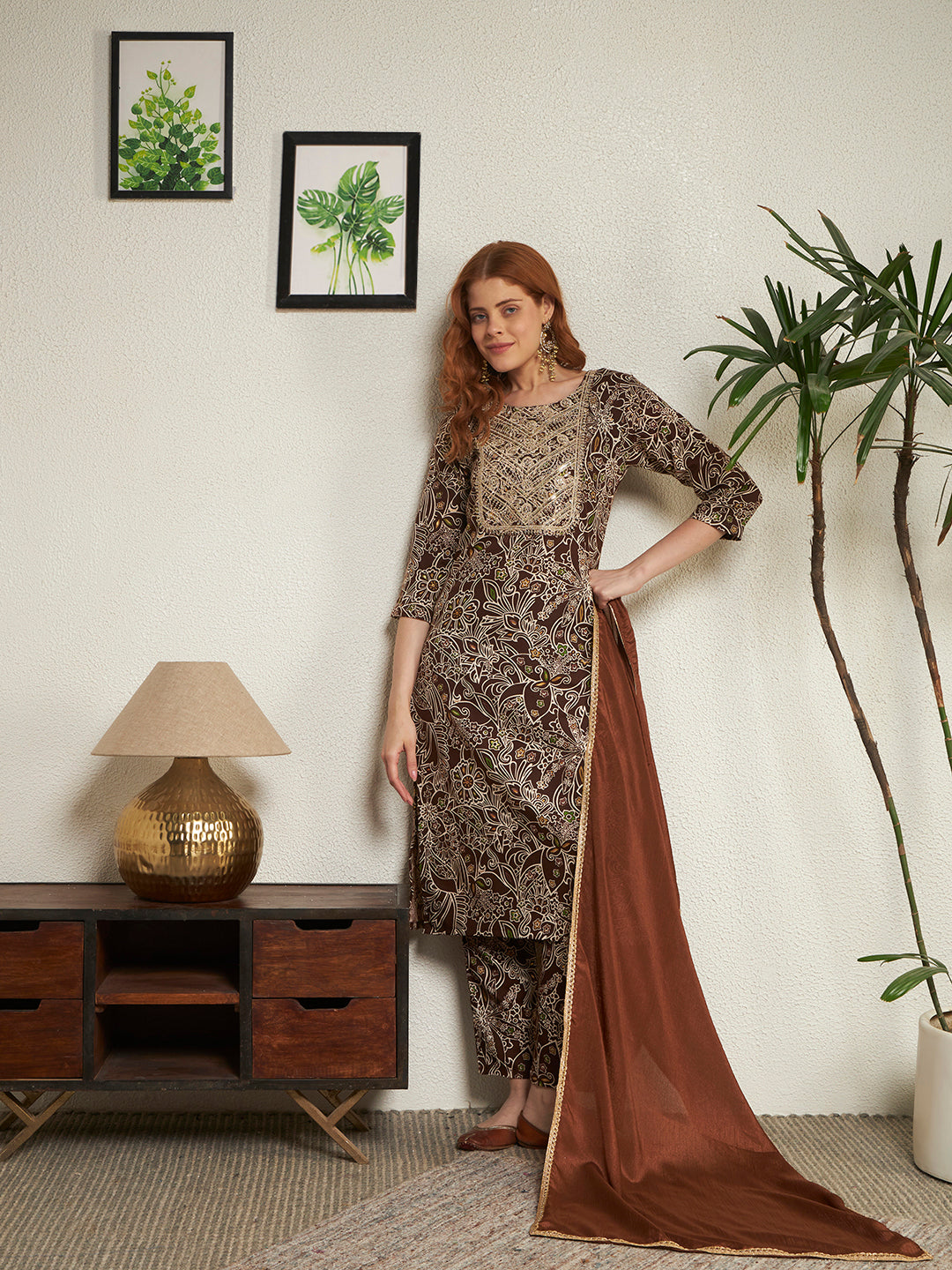 Women's Brown Embroidered Yoke Neck Floral Printed Kurta Pant with Dupatta Set Straight Fit Ethnic Suit Set for Festive, Party & Office Wear