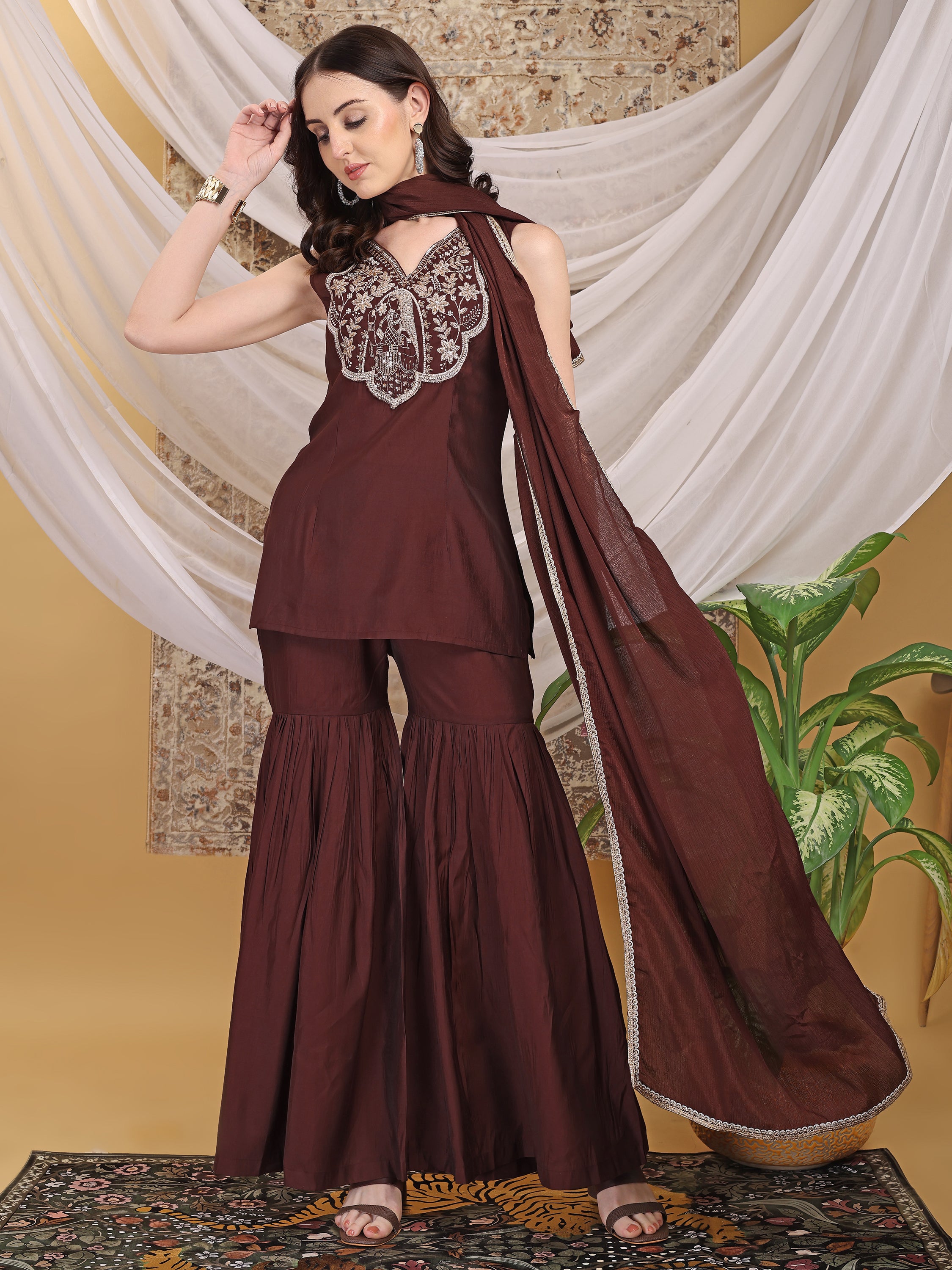 Women's V-Neck Chocolate Brown Hand Work Sleeveless Top Sharara with Dupatta Set For Festive, Wedding & Party Wear