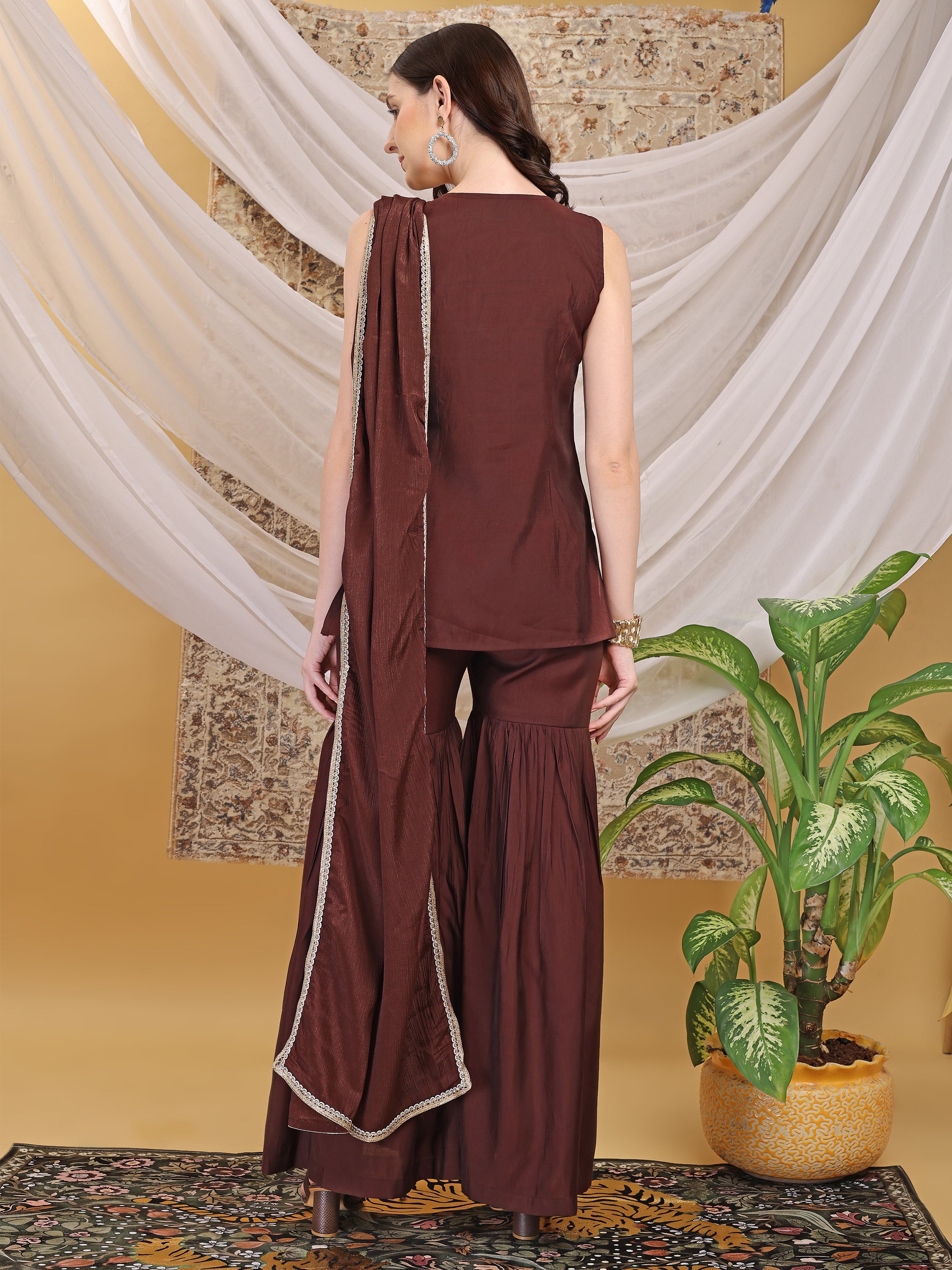 Women's V-Neck Chocolate Brown Hand Work Sleeveless Top Sharara with Dupatta Set For Festive, Wedding & Party Wear