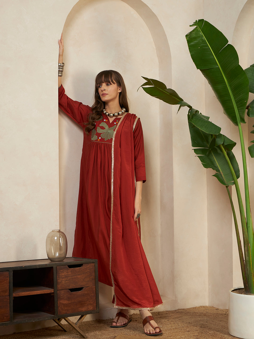 Women’s Rust Red Embroidered A-lineKurta Set with Dupatta & Pant