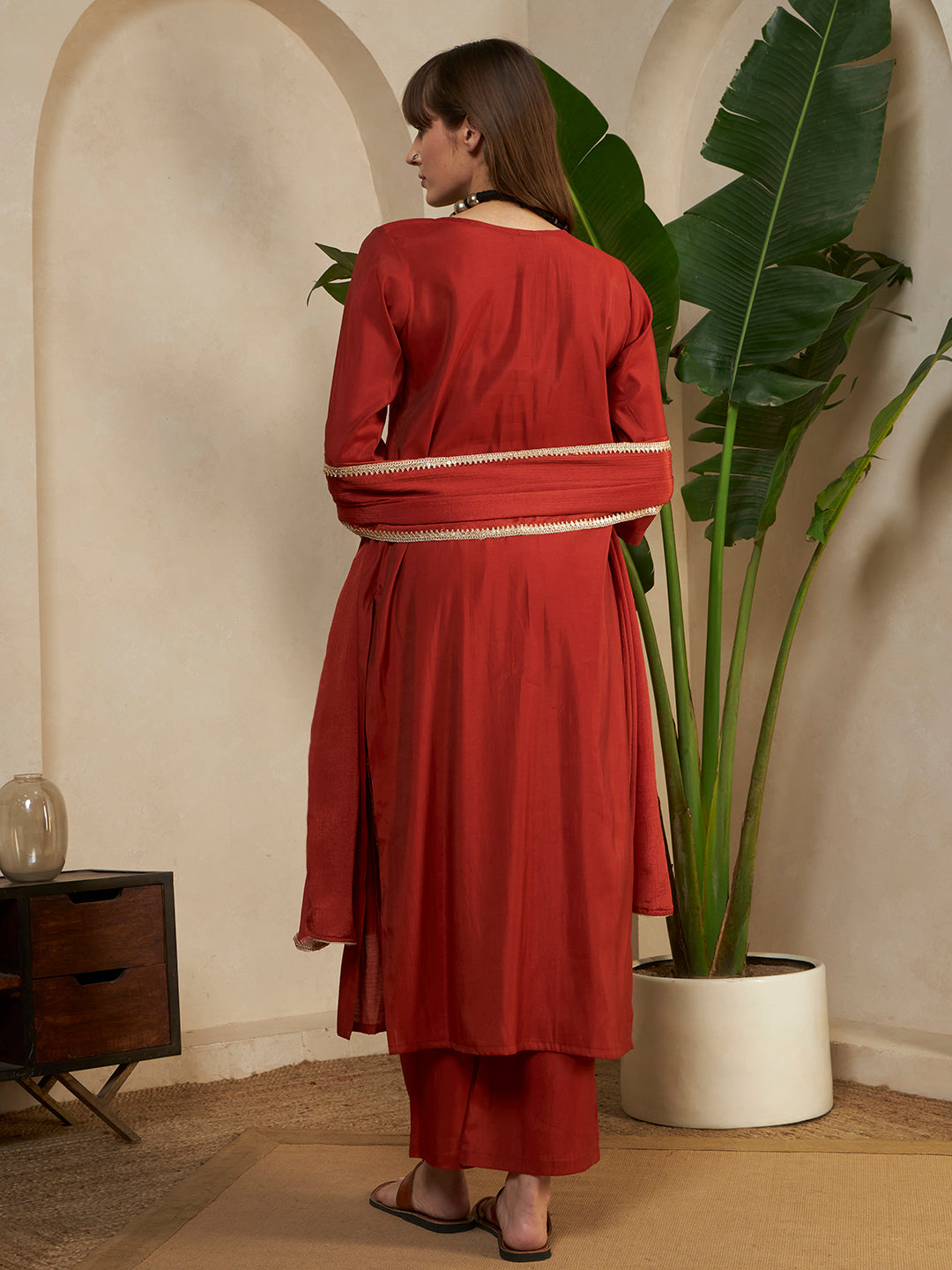 Women’s Rust Red Embroidered A-lineKurta Set with Dupatta & Pant