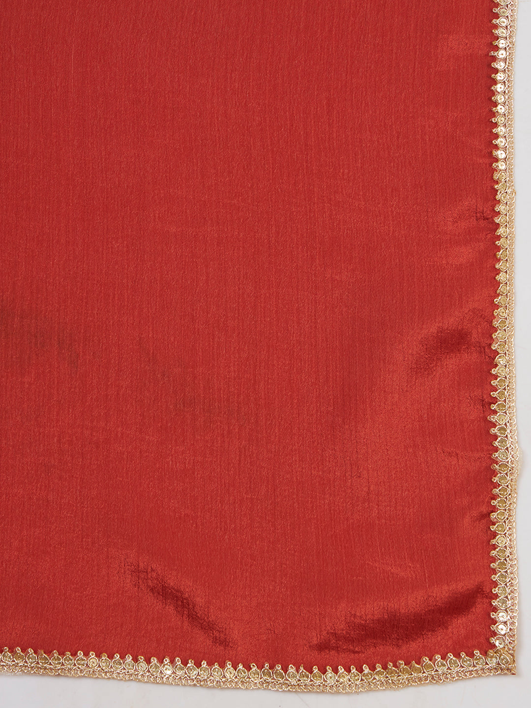 Women’s Rust Red Embroidered A-lineKurta Set with Dupatta & Pant