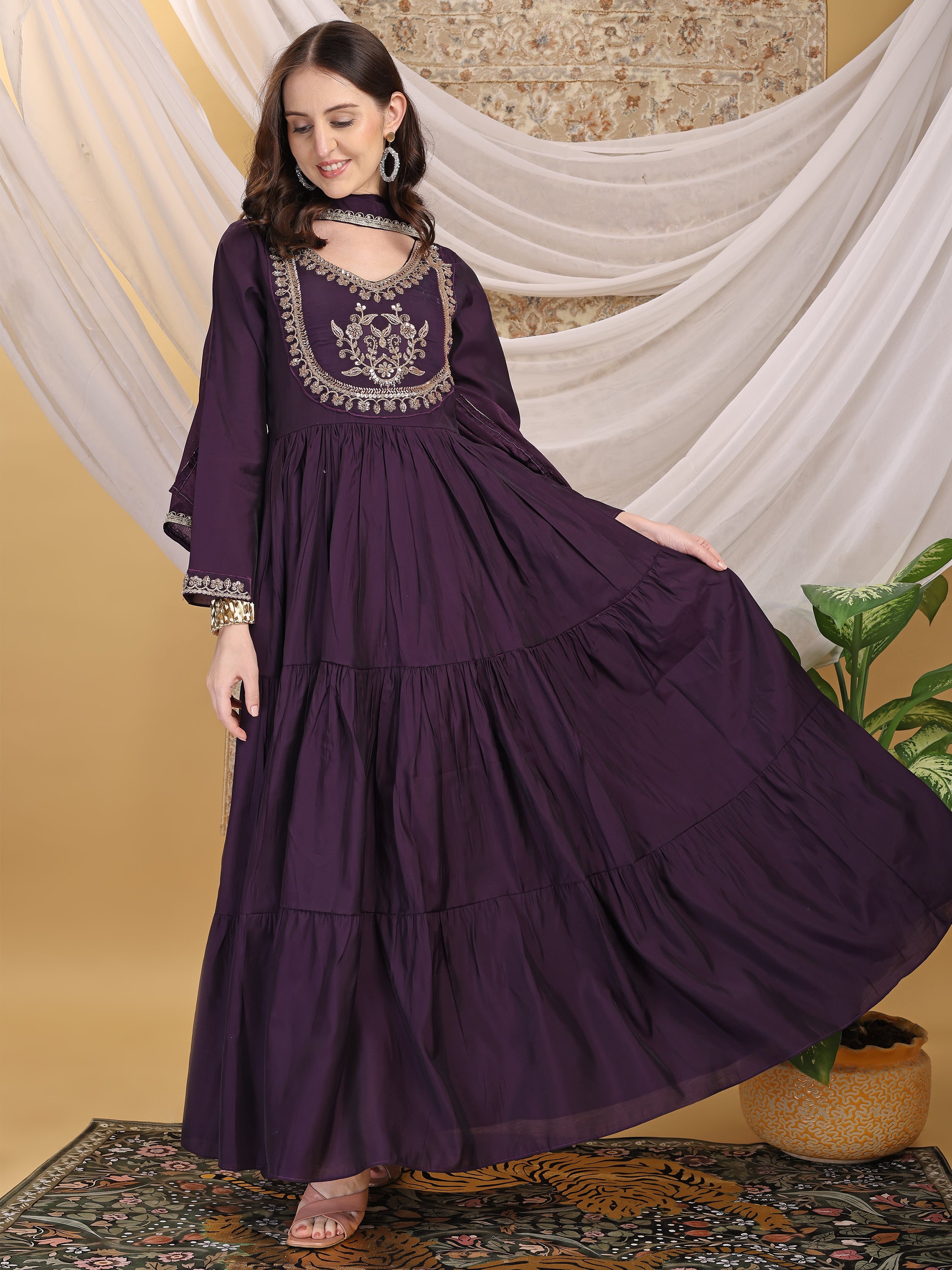 Women's Purple Round Neck Hand Work Tiered Anarkali Gown Dress Flared Ethnic Gown for Festive, Wedding & Party Wear