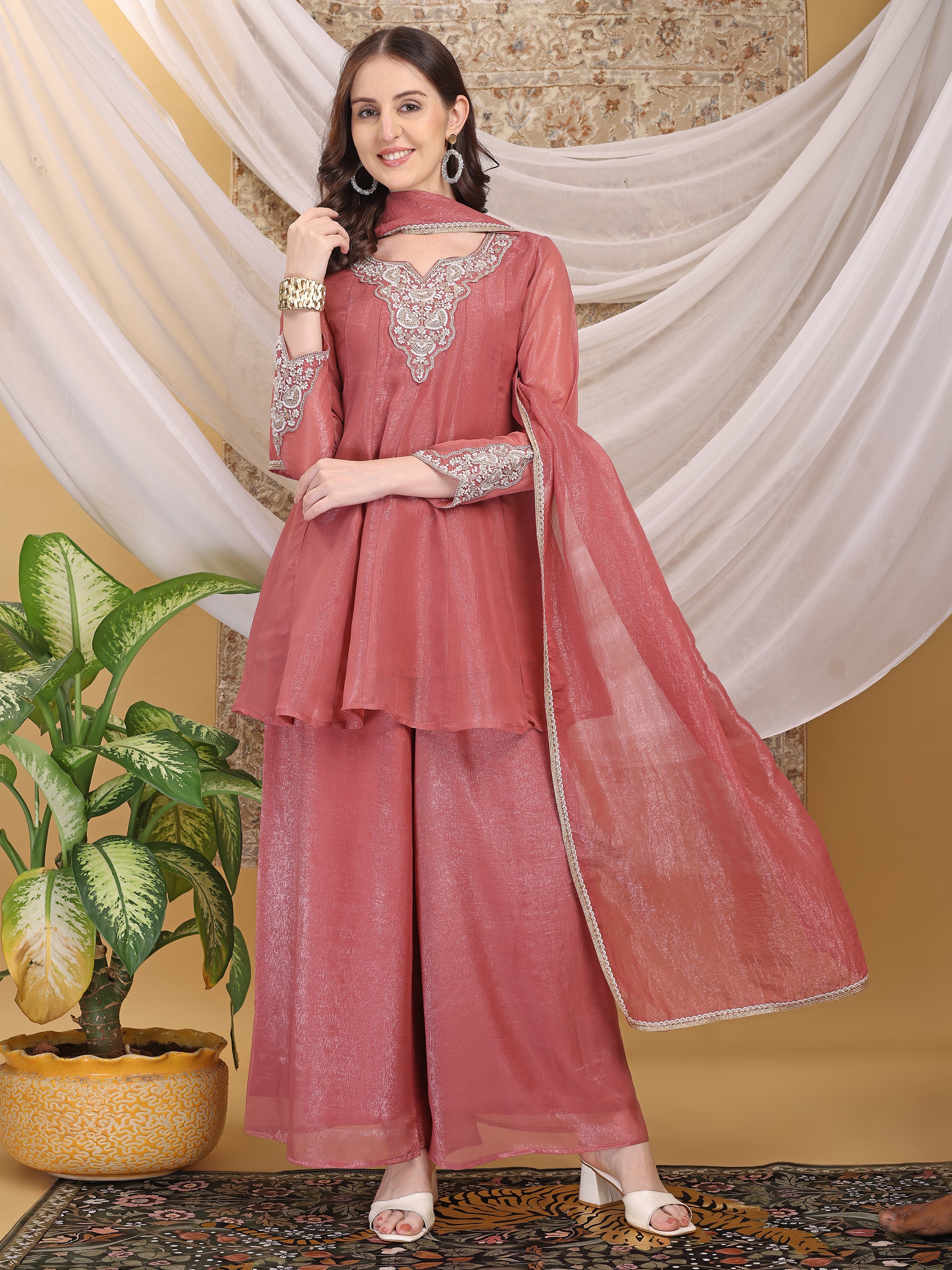 Women's Rose Pink Motiwork Patch Work A-Line Top Palazzo with Dupatta Set For Festive, Wedding & Party Wear